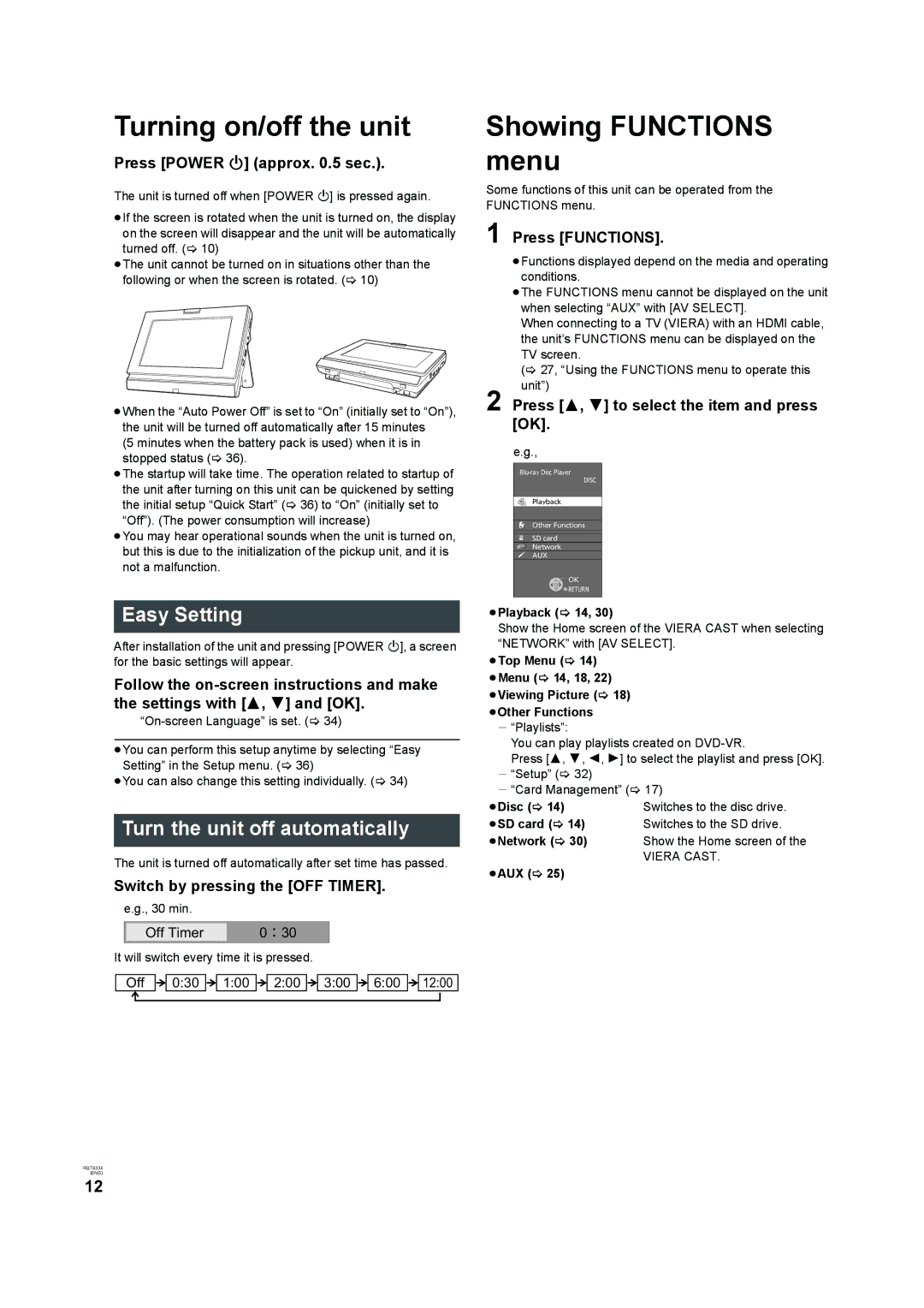 Panasonic DMP-B15 Turning on/off the unit, Showing Functions menu, Easy Setting, Turn the unit off automatically 