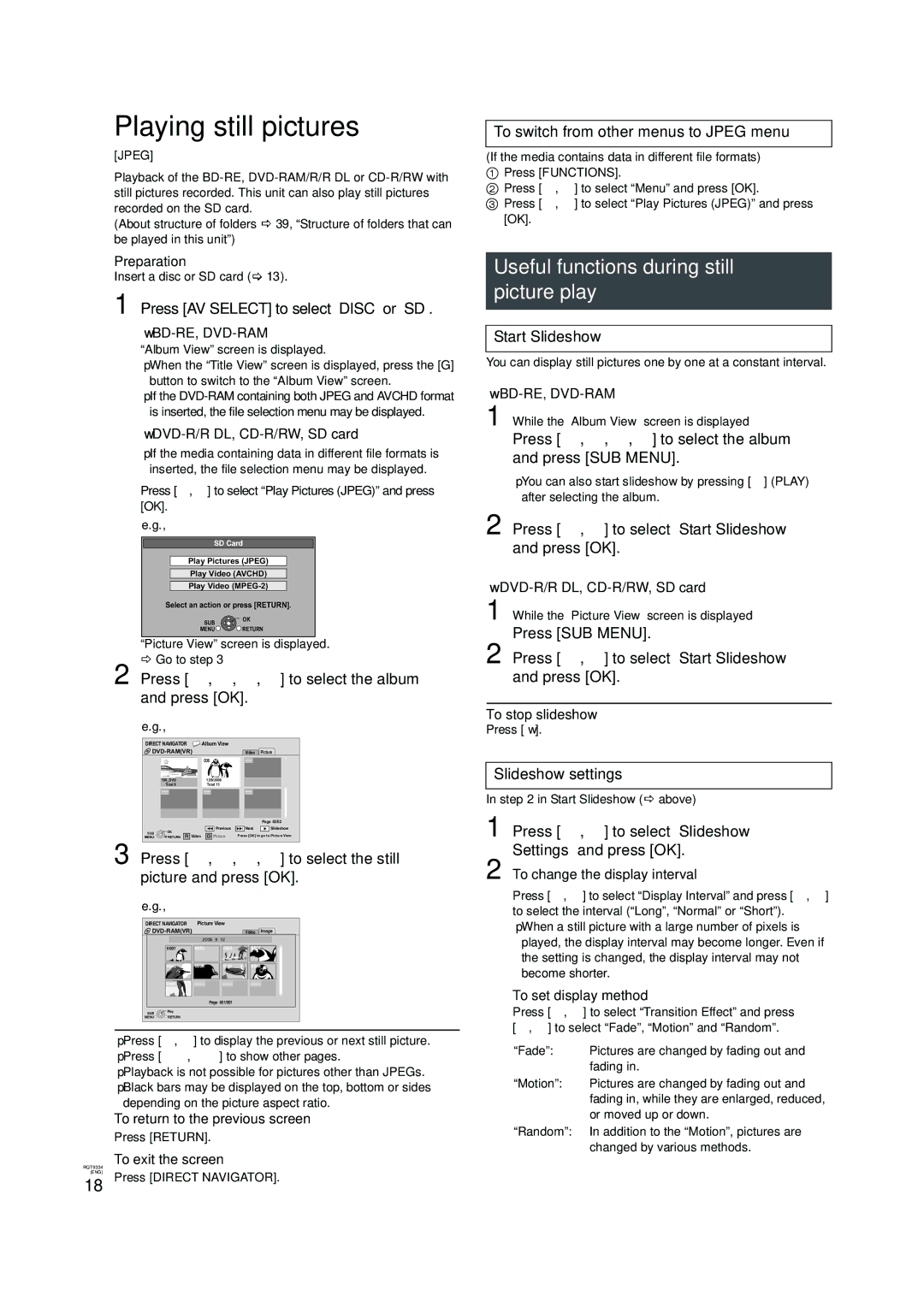 Panasonic DMP-B15 operating instructions Playing still pictures, Useful functions during still picture play 