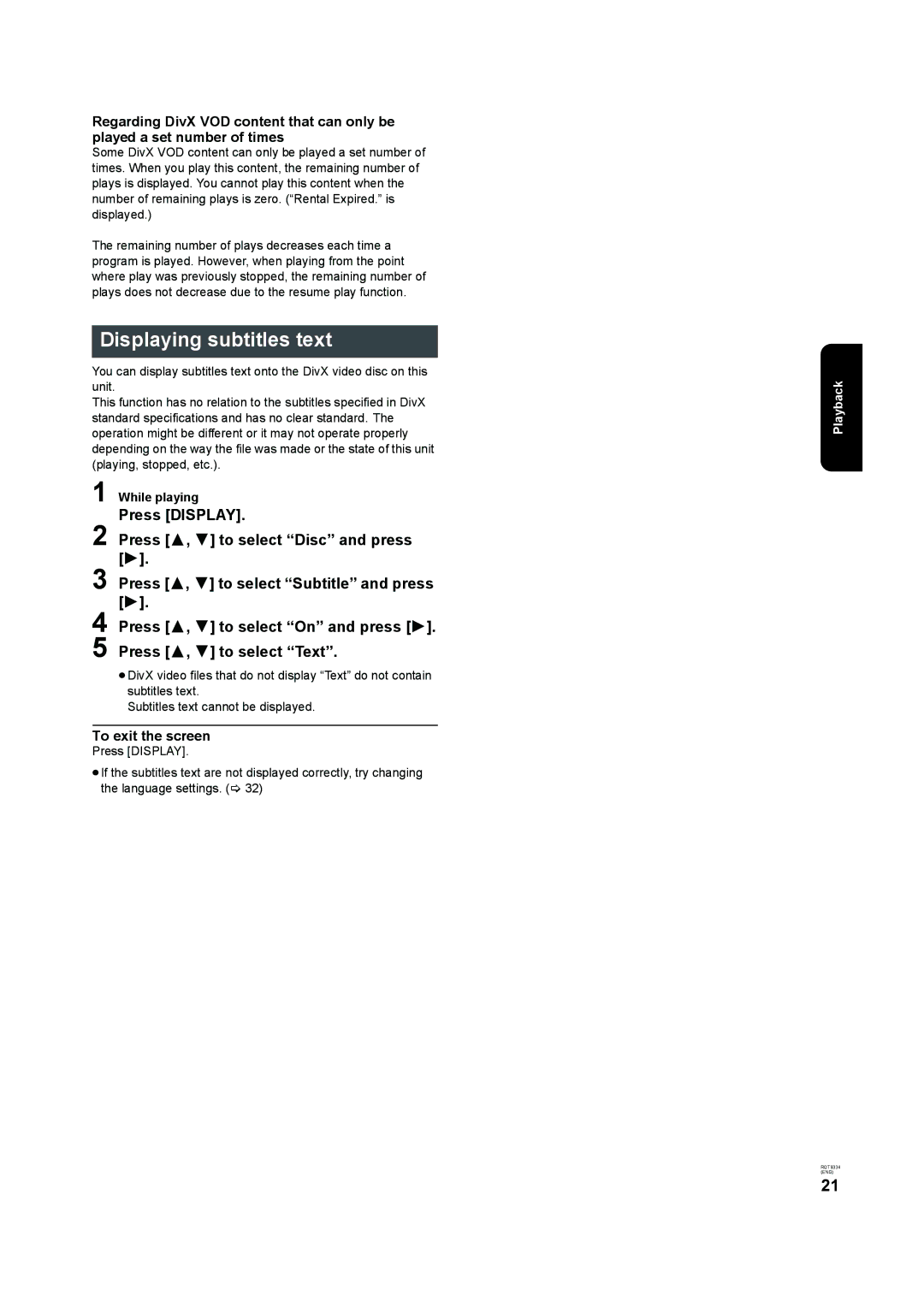 Panasonic DMP-B15 operating instructions Displaying subtitles text, While playing Press Display 