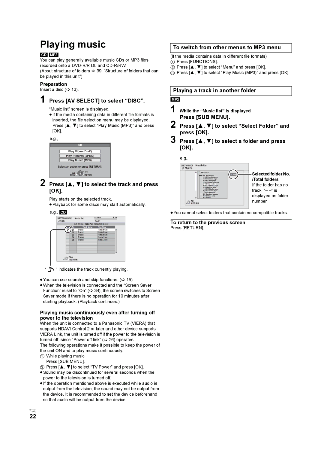 Panasonic DMP-B15 Playing music, Press 3, 4 to select the track and press OK, To switch from other menus to MP3 menu 