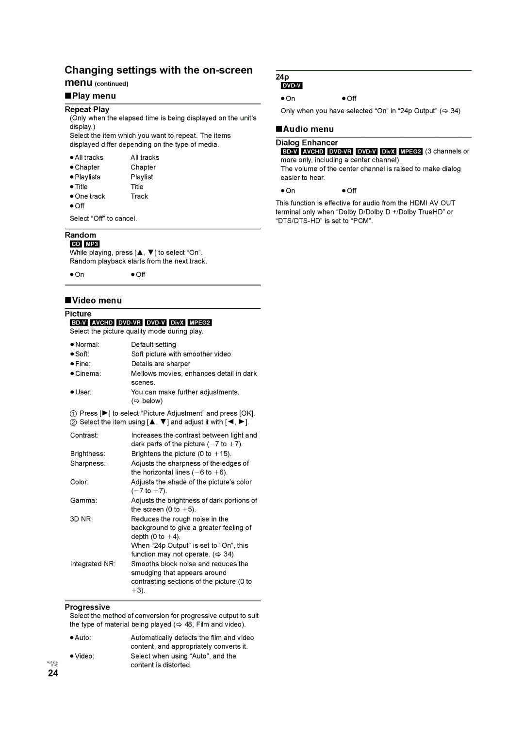 Panasonic DMP-B15 operating instructions Changing settings with the on-screen, Play menu, Video menu, Audio menu 