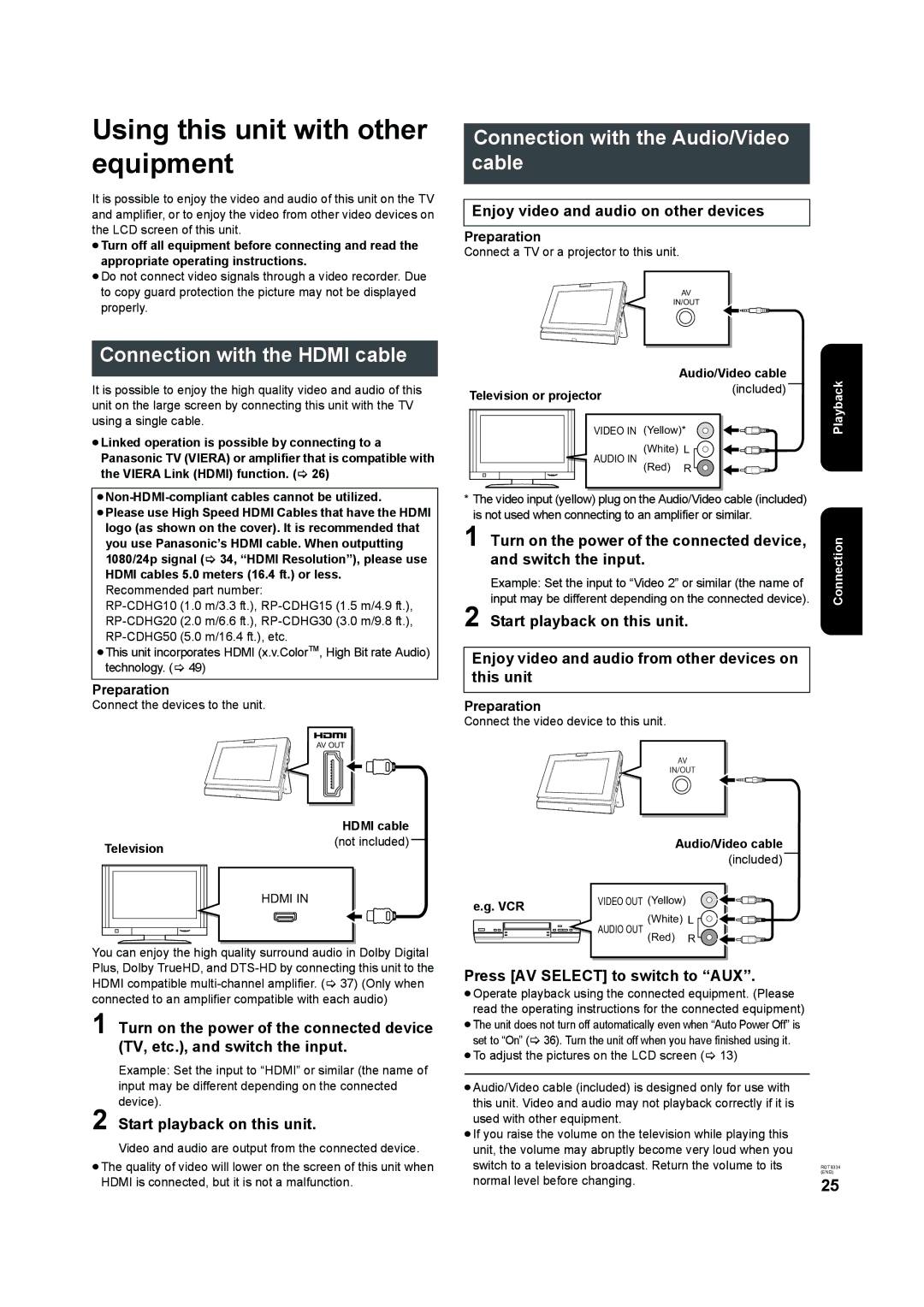 Panasonic DMP-B15 operating instructions Using this unit with other equipment, Connection with the Hdmi cable 