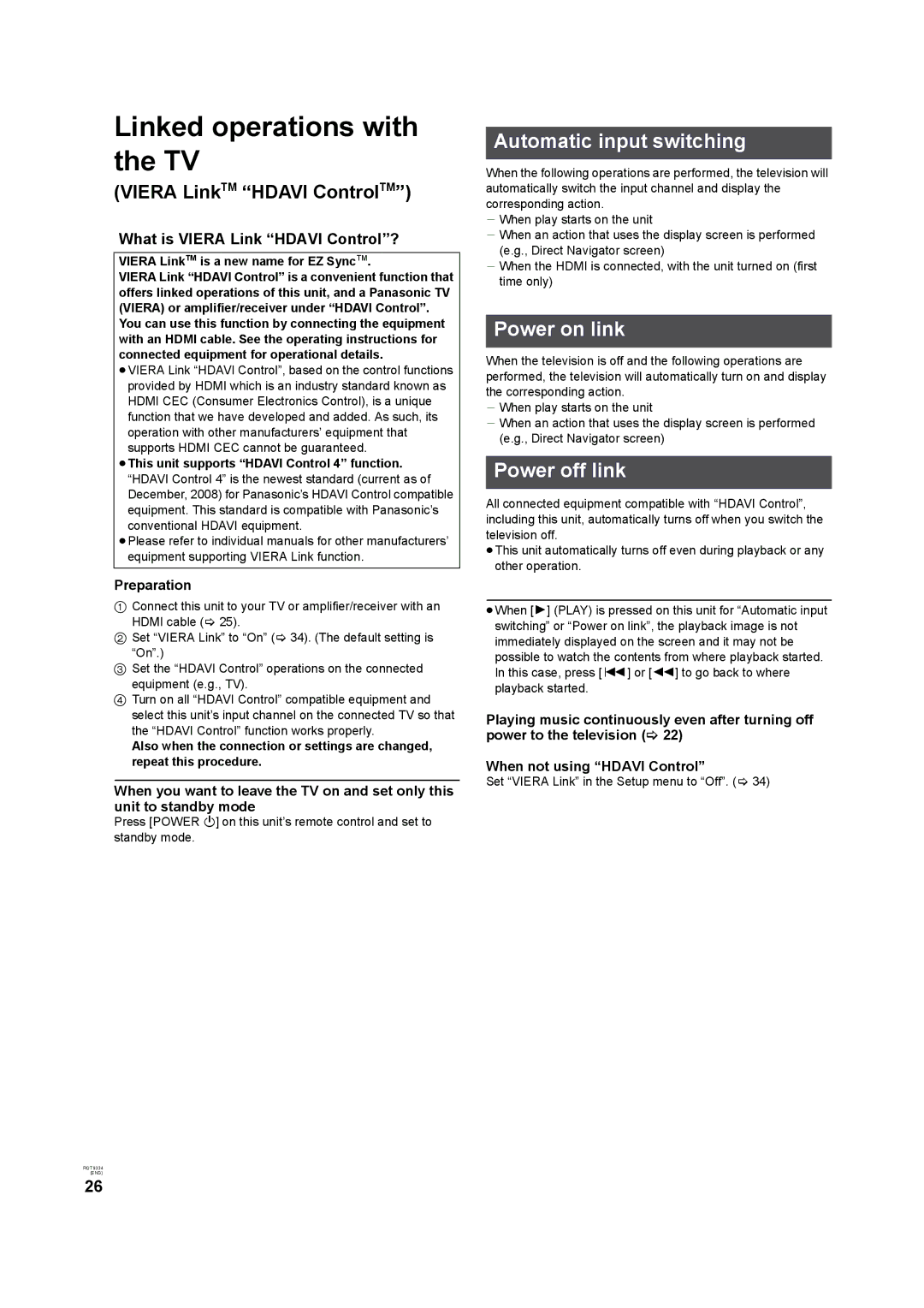 Panasonic DMP-B15 Linked operations with the TV, Automatic input switching, Power on link, Power off link 