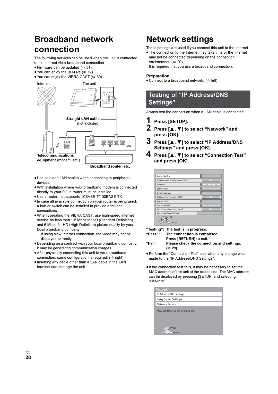 Panasonic DMP-B15 Broadband network connection, Network settings, Testing of IP Address/DNS Settings, Straight LAN cable 