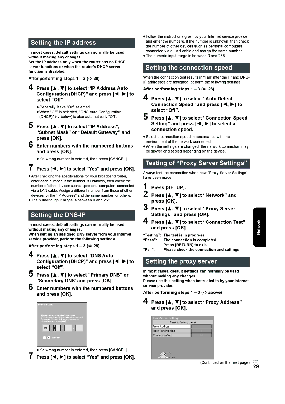 Panasonic DMP-B15 Setting the IP address, Setting the DNS-IP, Setting the connection speed, Setting the proxy server 