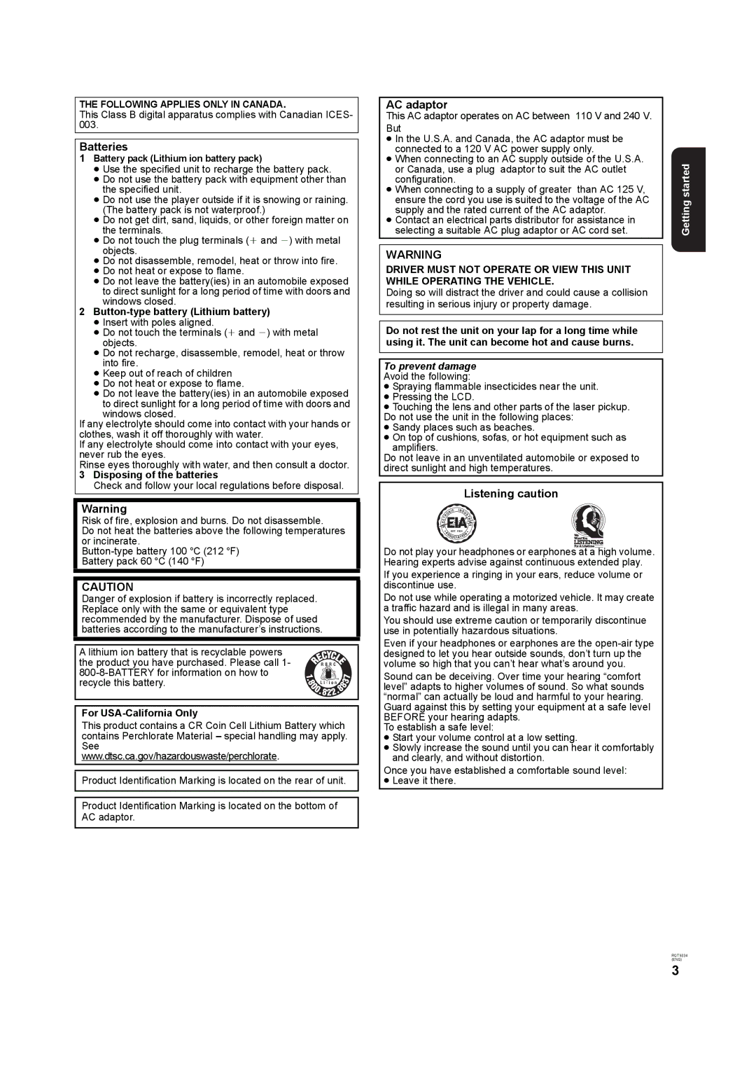 Panasonic DMP-B15 operating instructions Batteries, AC adaptor, Listening caution, Following Applies only in Canada 