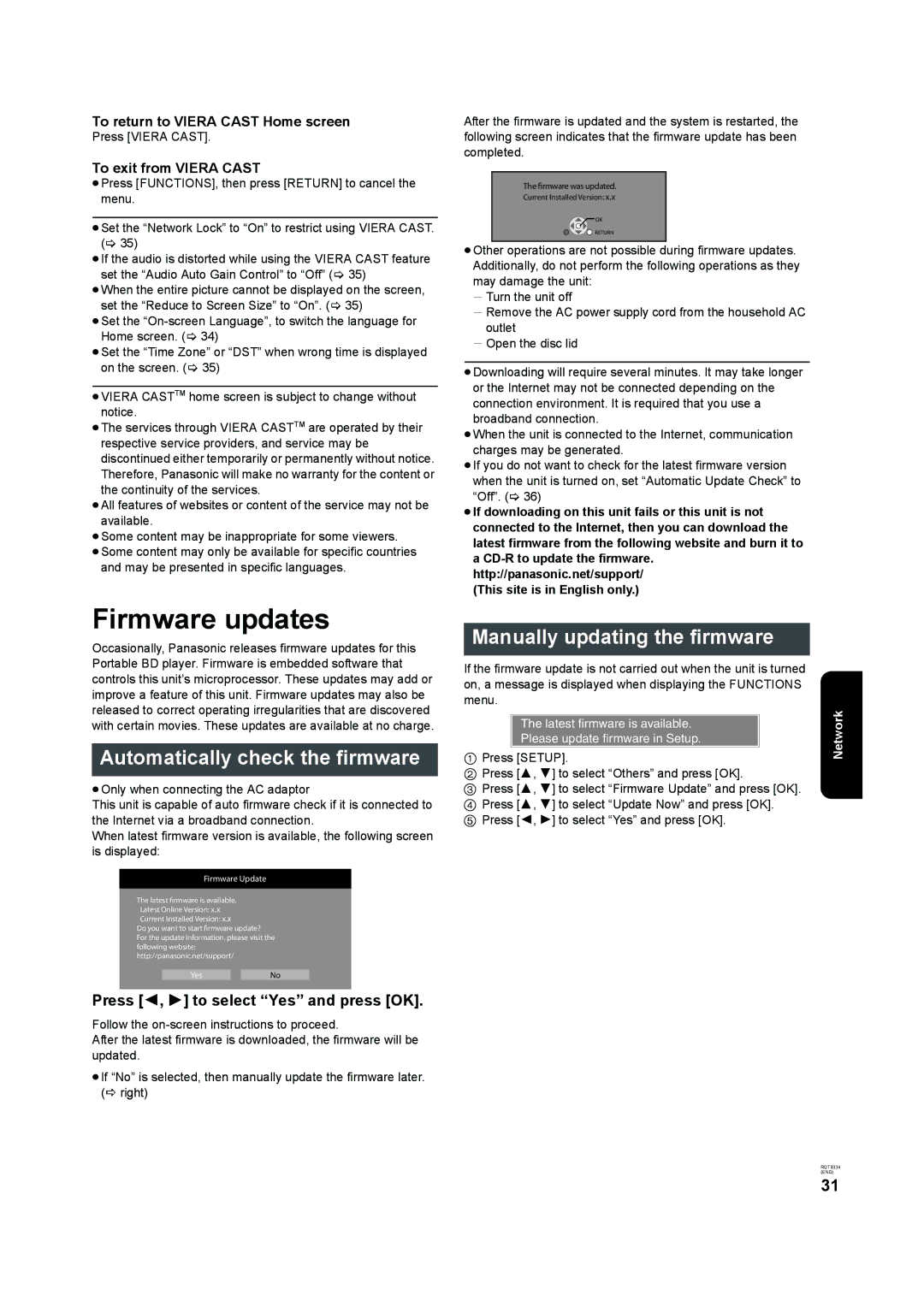 Panasonic DMP-B15 operating instructions Firmware updates, Automatically check the firmware, Manually updating the firmware 