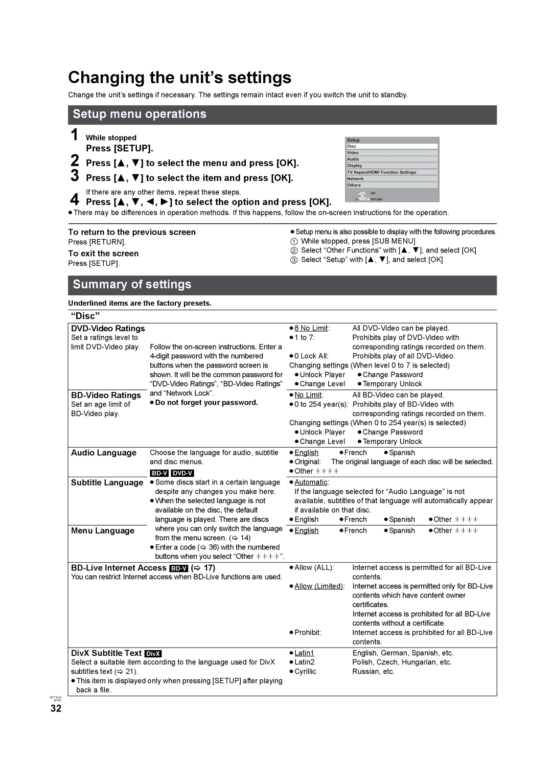 Panasonic DMP-B15 operating instructions Changing the unit’s settings, Setup menu operations, Summary of settings, Disc 