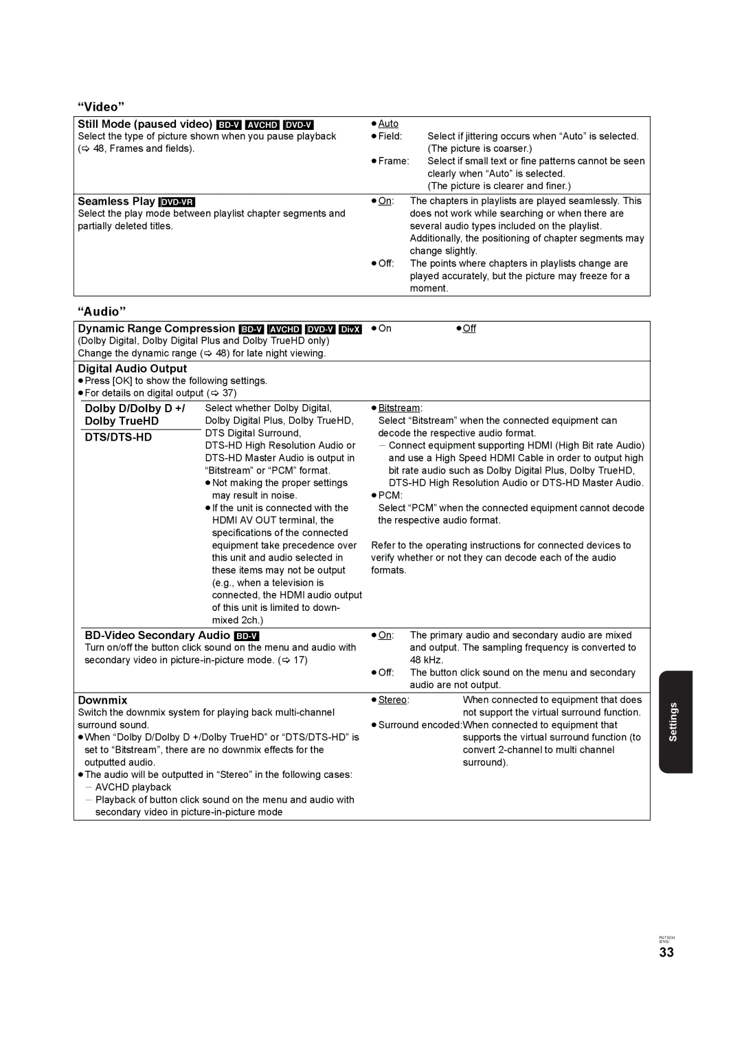 Panasonic DMP-B15 operating instructions Video, Audio 