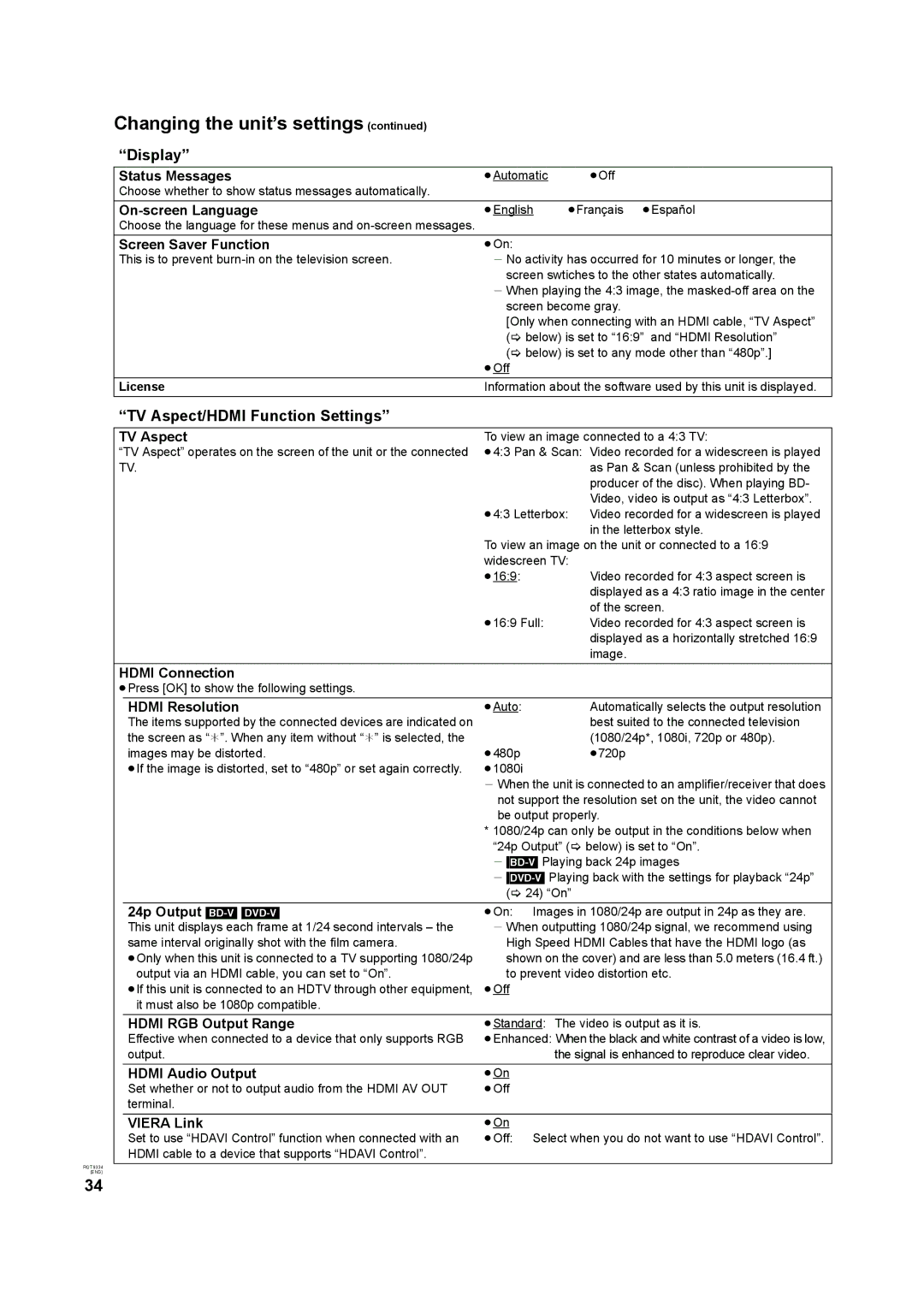 Panasonic DMP-B15 operating instructions Changing the unit’s settings, Display, TV Aspect/HDMI Function Settings 