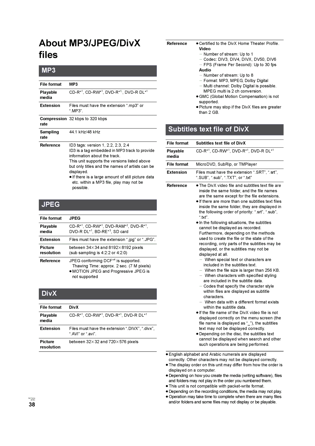 Panasonic DMP-B15 operating instructions About MP3/JPEG/DivX files, Subtitles text file of DivX 