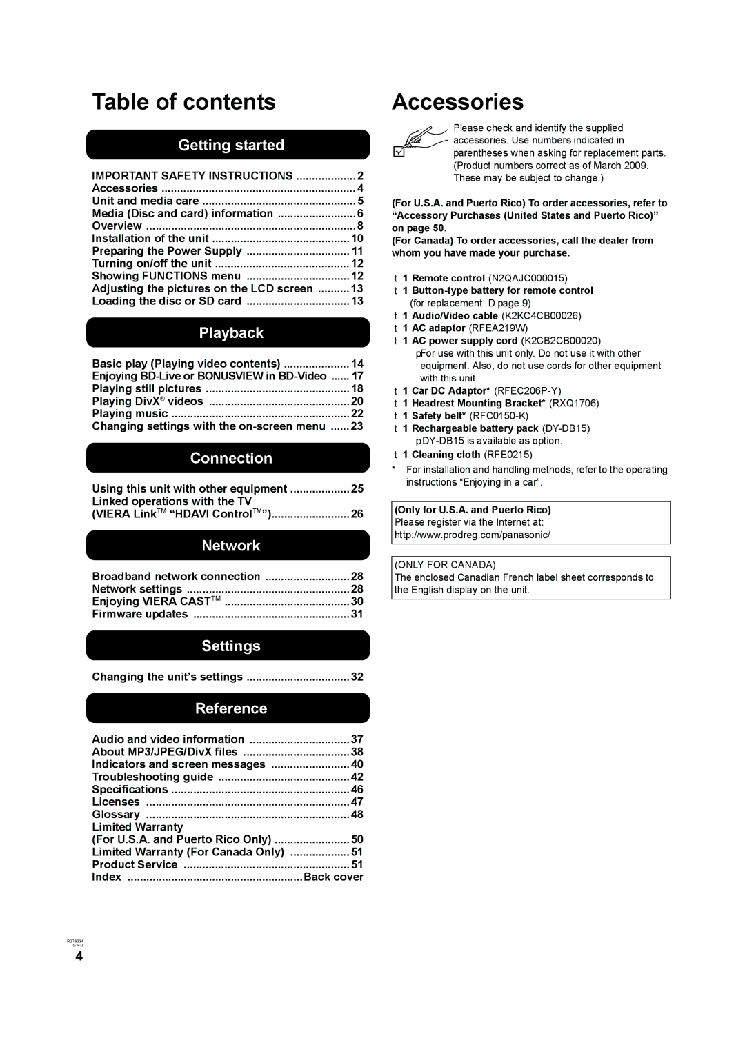 Panasonic DMP-B15 operating instructions Table of contents, Accessories 