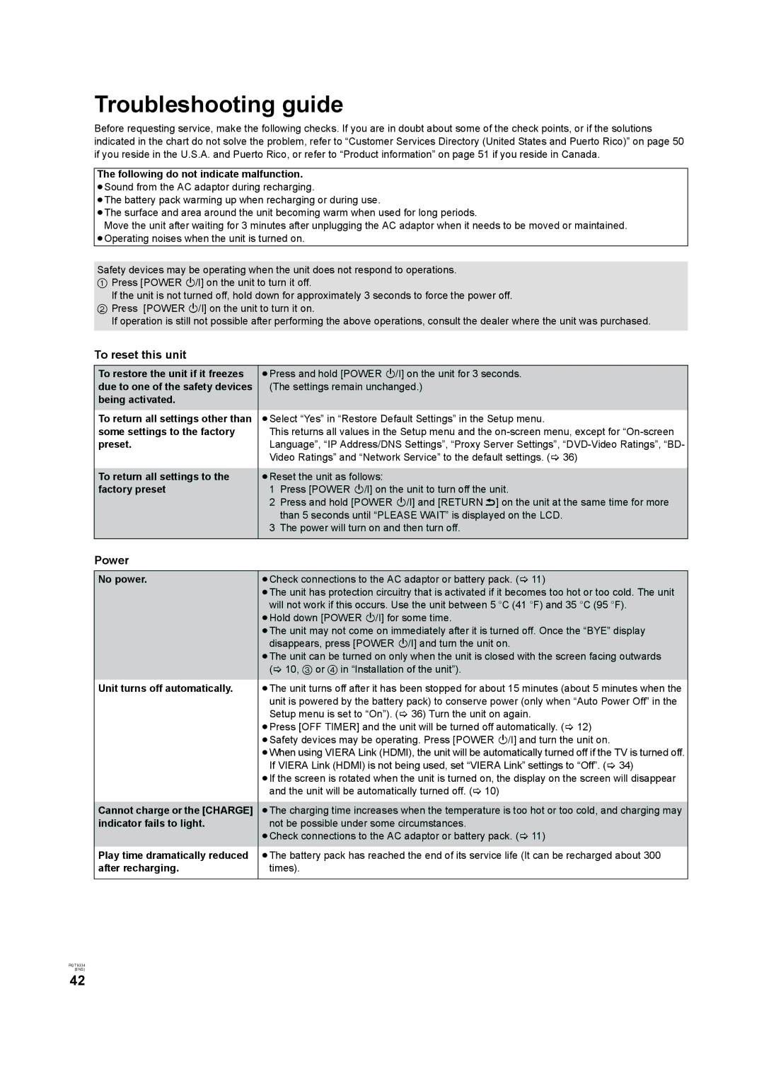 Panasonic DMP-B15 operating instructions Troubleshooting guide, To reset this unit, Power 