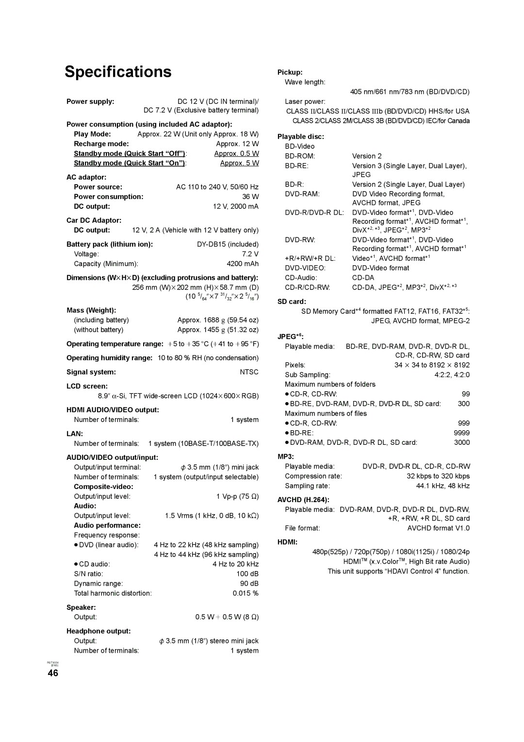 Panasonic DMP-B15 operating instructions Specifications, Lan, JPEG*6, Hdmi 