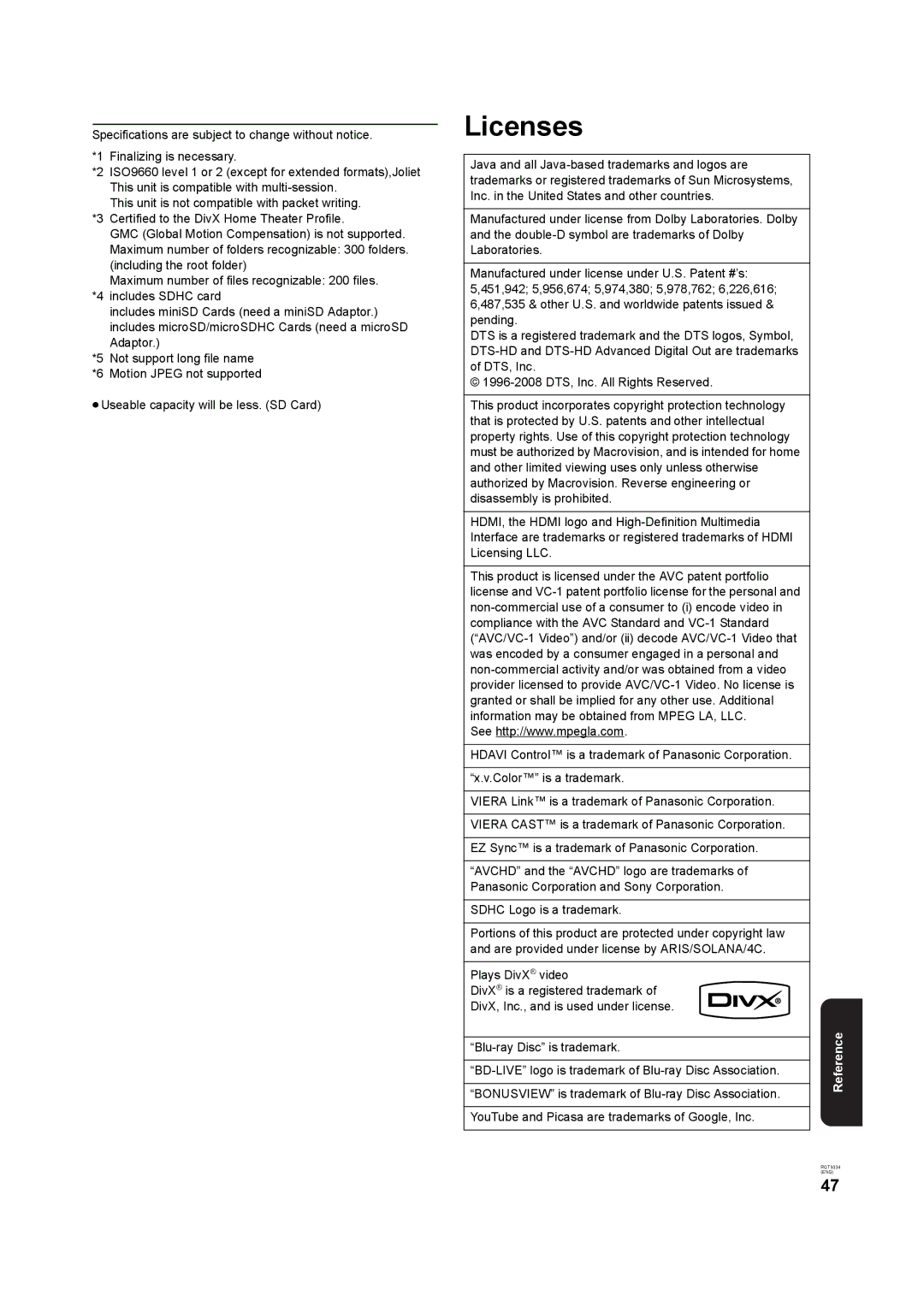 Panasonic DMP-B15 operating instructions Licenses, Blu-ray Disc is trademark 