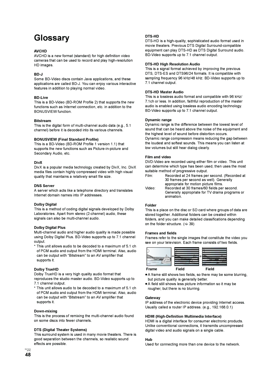 Panasonic DMP-B15 operating instructions Glossary, Bd-J, Dts-Hd 