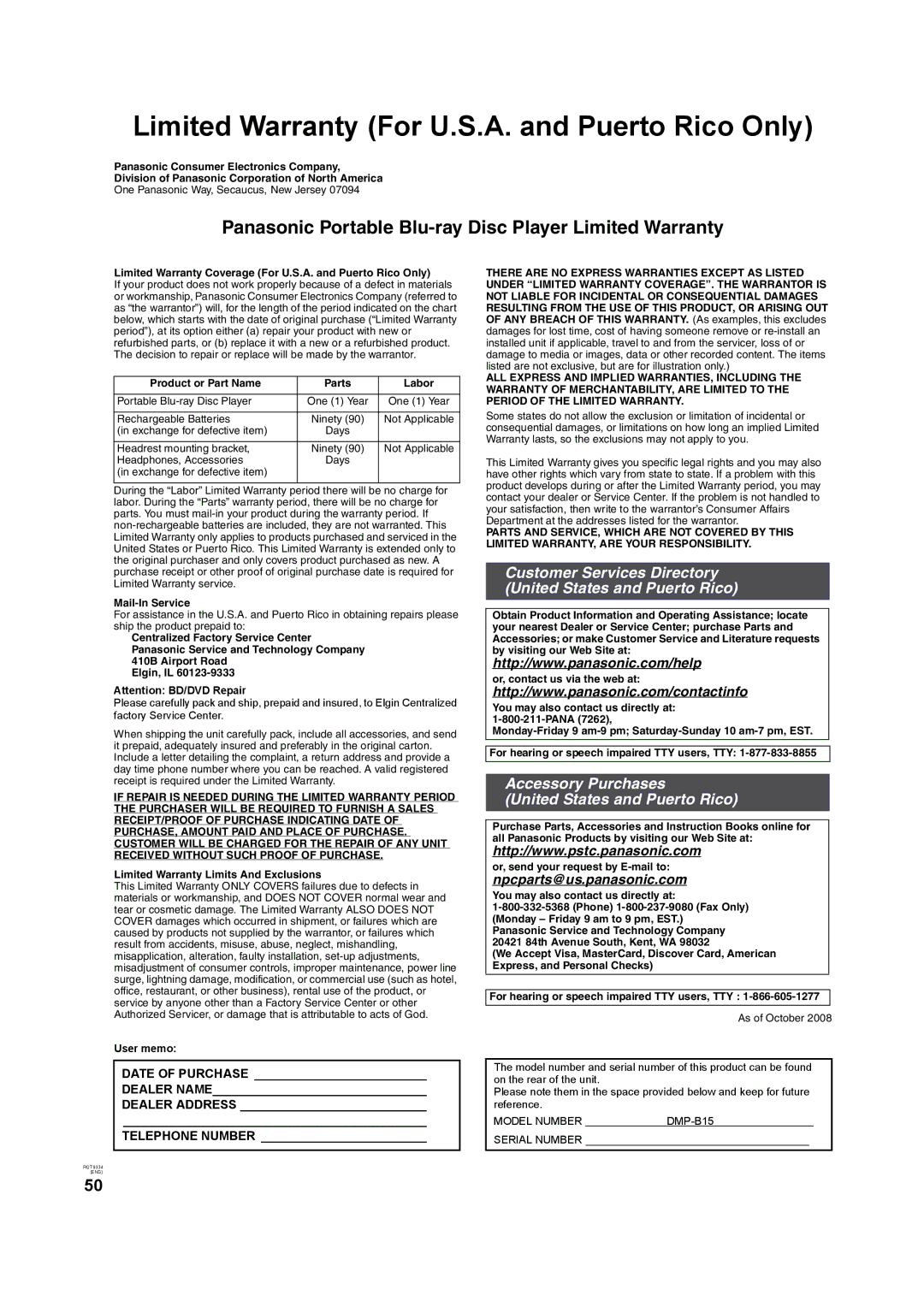 Panasonic DMP-B15 operating instructions Limited Warranty For U.S.A. and Puerto Rico Only 