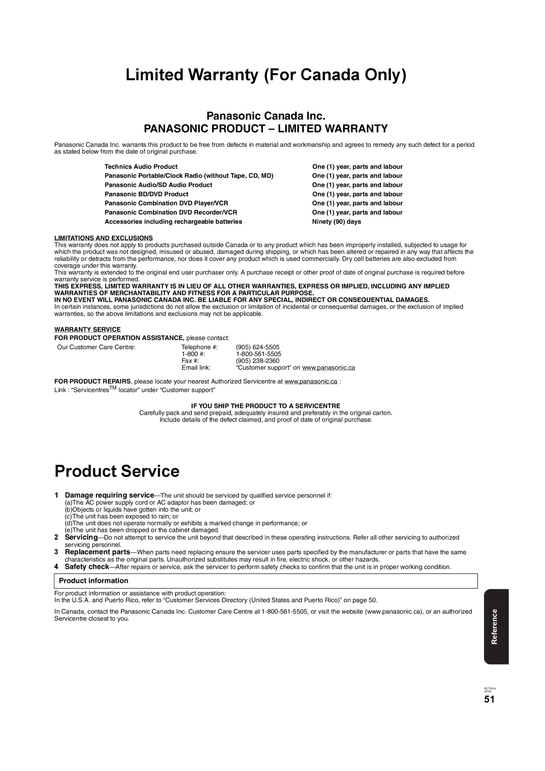 Panasonic DMP-B15 operating instructions Limited Warranty For Canada Only, Product Service 