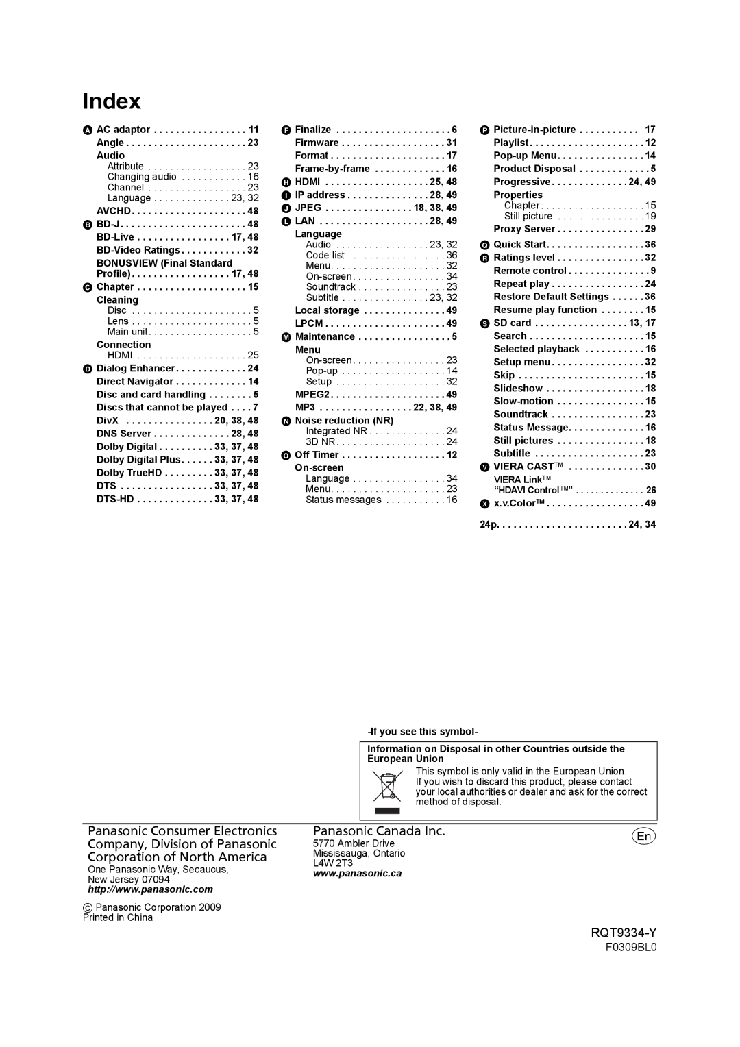 Panasonic DMP-B15 operating instructions Index 