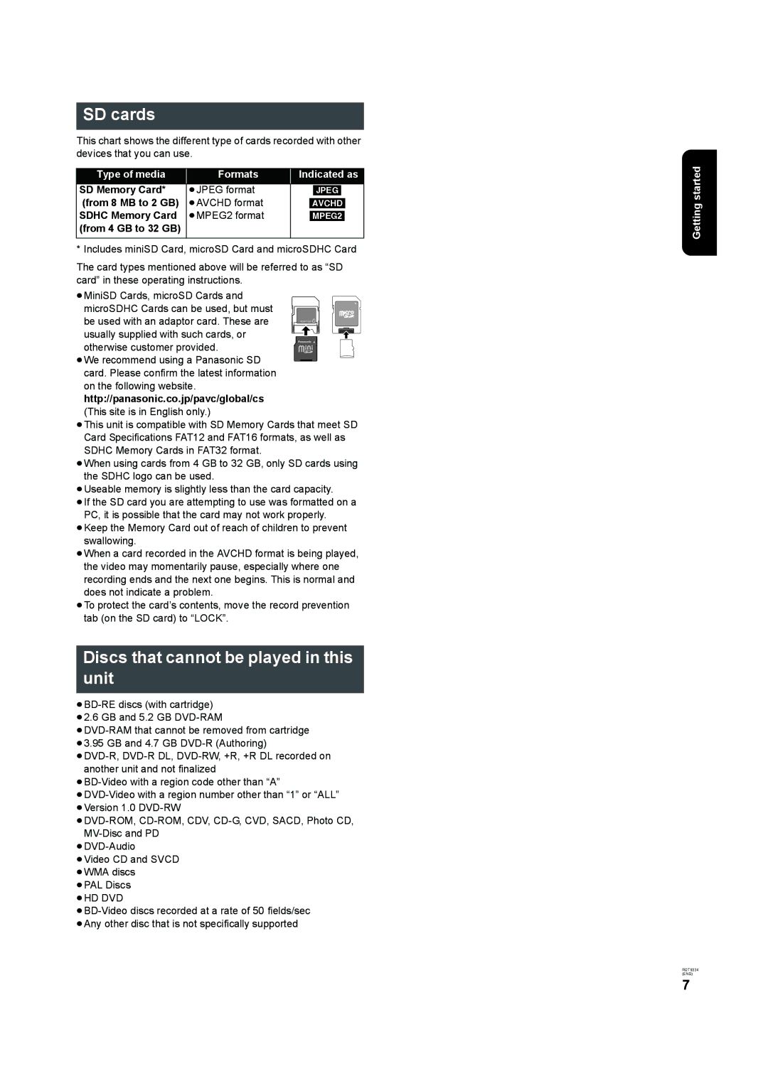 Panasonic DMP-B15 operating instructions SD cards, Discs that cannot be played in this unit 