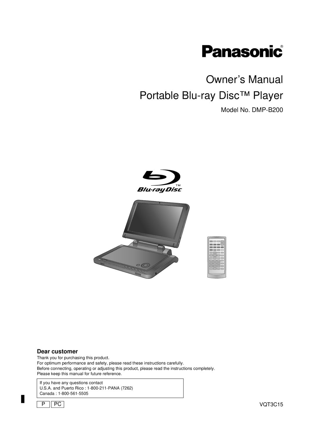 Panasonic DMP-B200 owner manual Portable Blu-ray Disc Player 