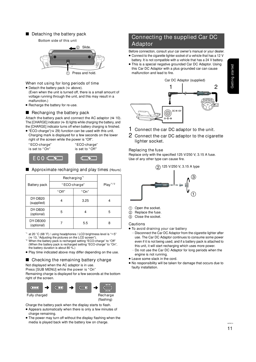 Panasonic DMP-B200 Connecting the supplied Car DC Adaptor, Detaching the battery pack, Recharging the battery pack 