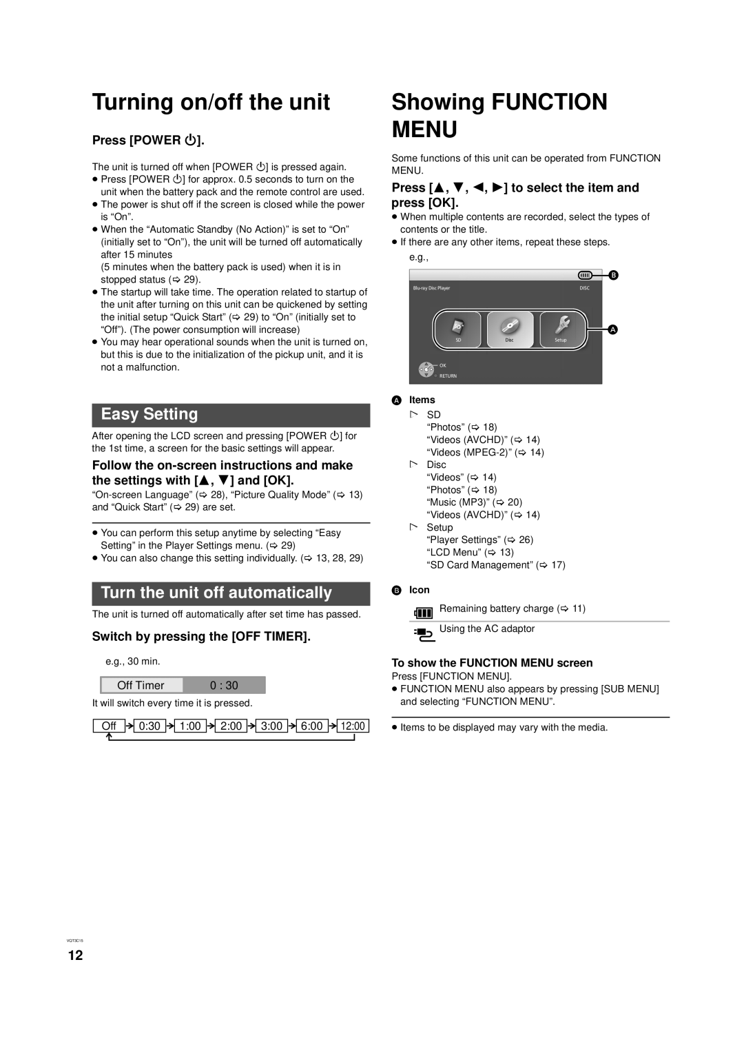 Panasonic DMP-B200 Turning on/off the unit, Showing Function Menu, Easy Setting, Turn the unit off automatically 