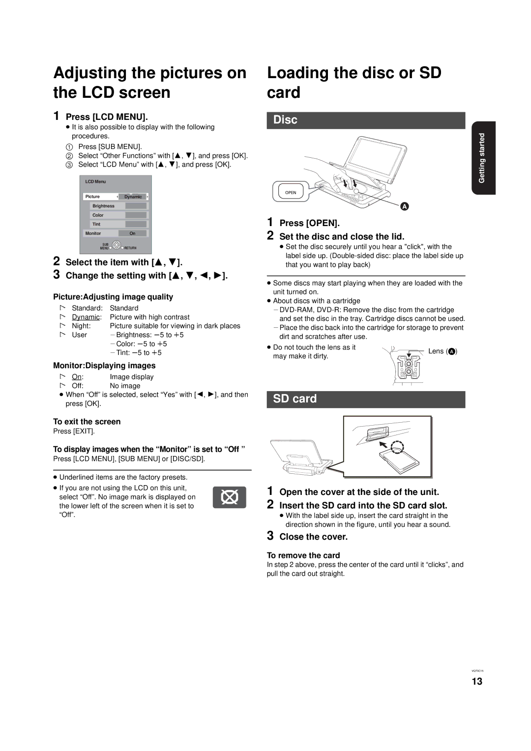 Panasonic DMP-B200 owner manual Adjusting the pictures on the LCD screen, Loading the disc or SD card, Disc 