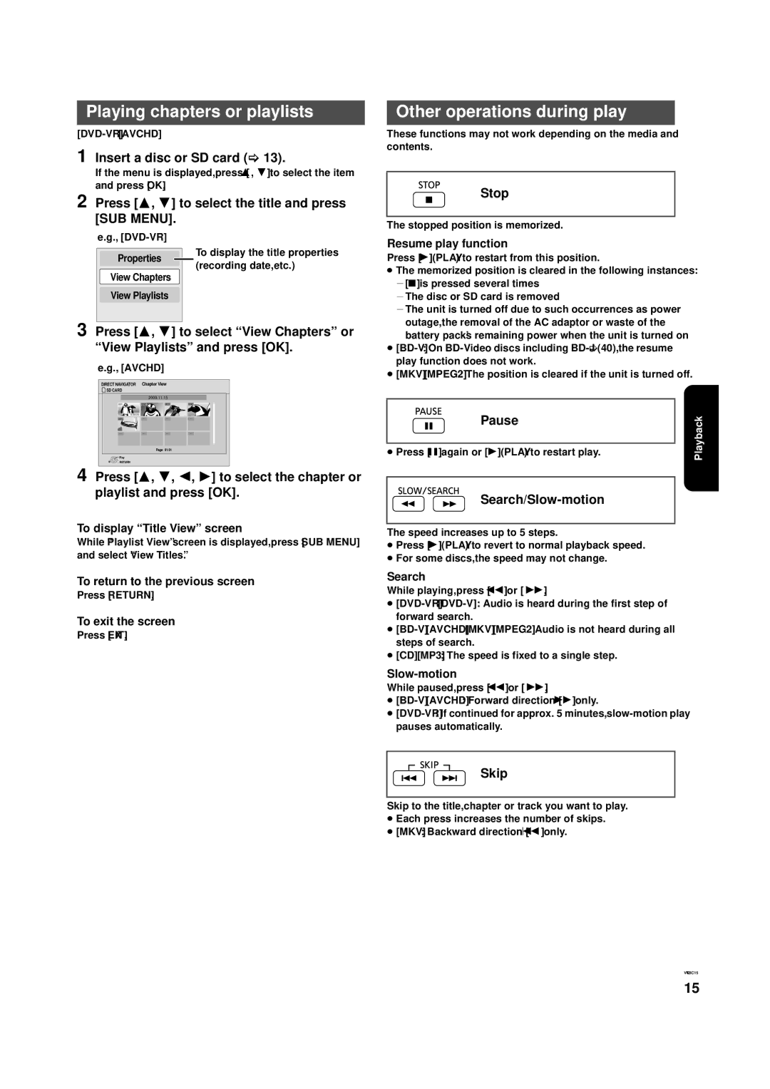 Panasonic DMP-B200 owner manual Playing chapters or playlists, Other operations during play 