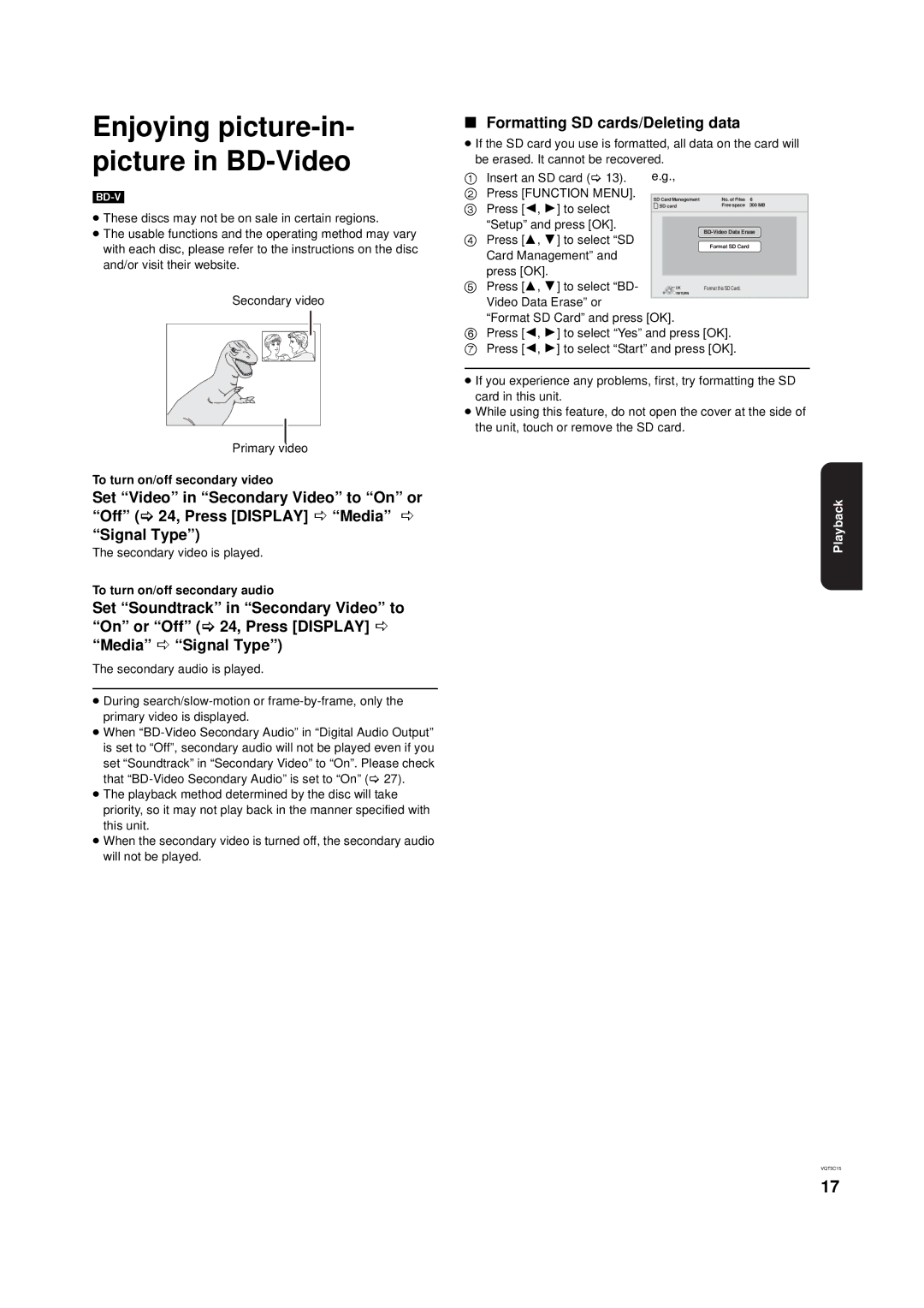 Panasonic DMP-B200 owner manual Enjoying picture-in- picture in BD-Video, Signal Type, Formatting SD cards/Deleting data 