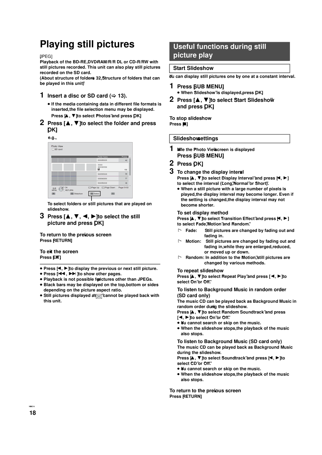 Panasonic DMP-B200 owner manual Playing still pictures, Useful functions during still picture play 