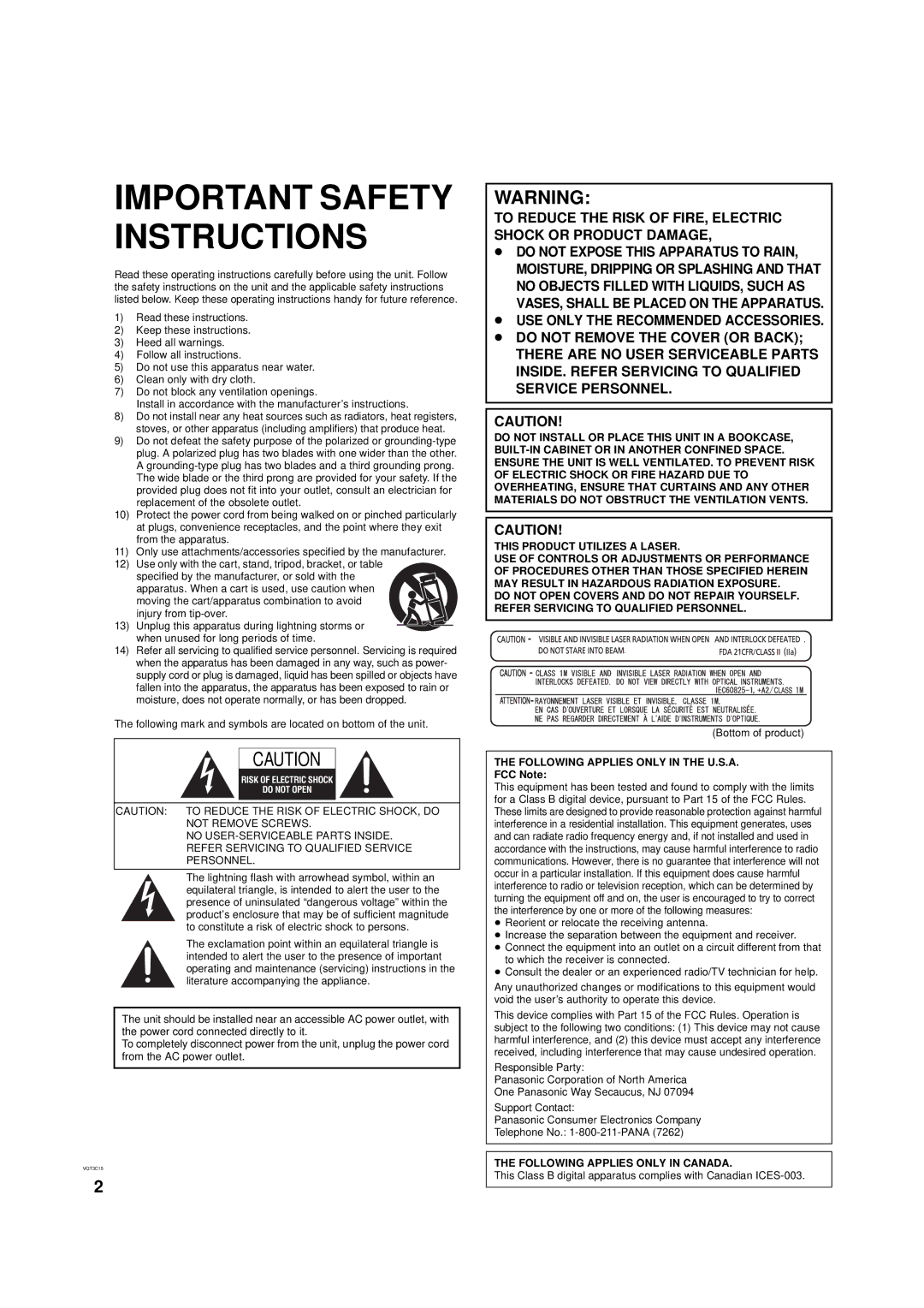 Panasonic DMP-B200 owner manual Important Safety Instructions 