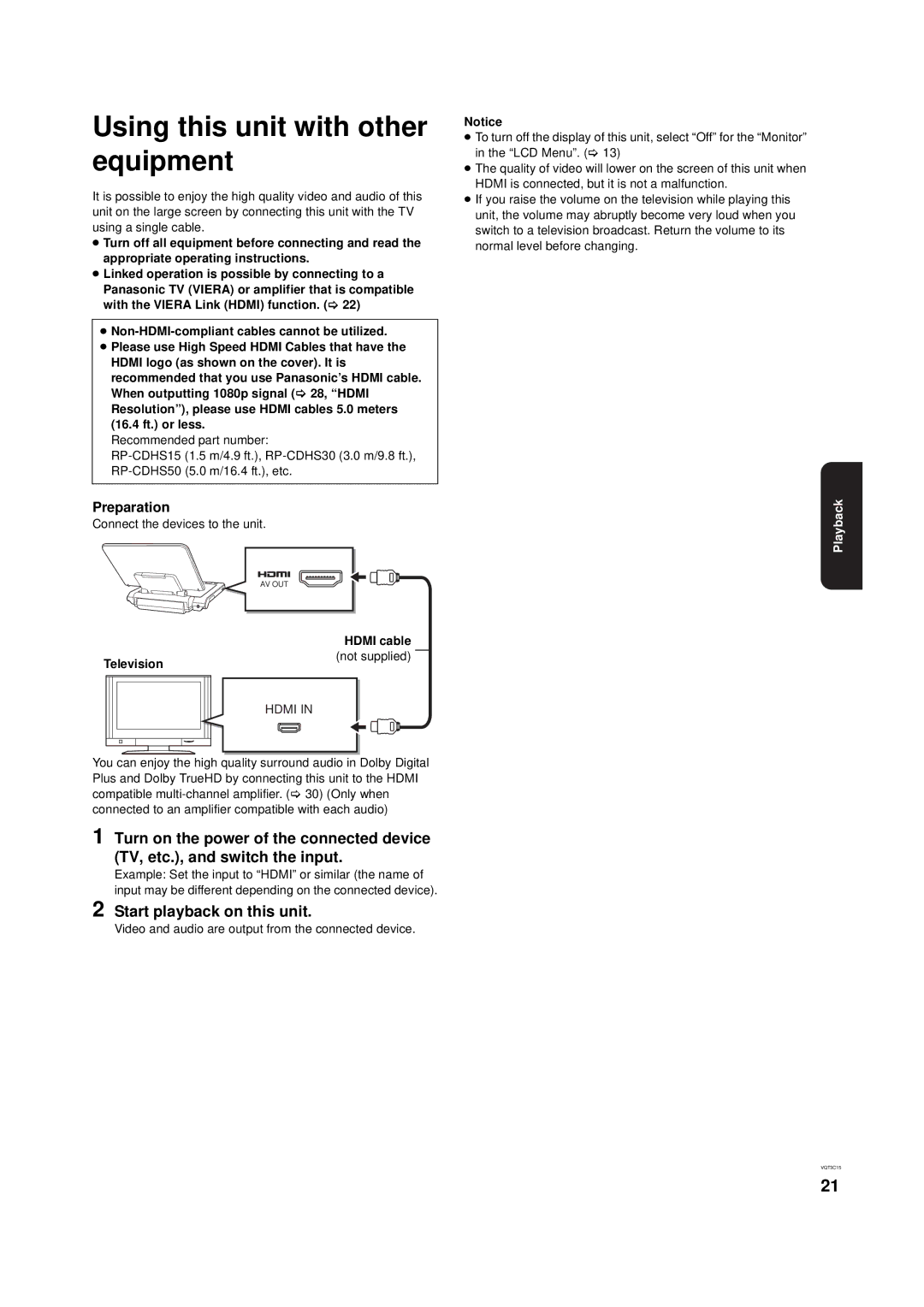 Panasonic DMP-B200 Using this unit with other equipment, Start playback on this unit, Preparation, Hdmi cable, Television 