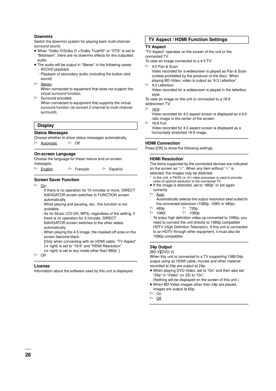 Panasonic DMP-B200 owner manual Display, TV Aspect / Hdmi Function Settings 