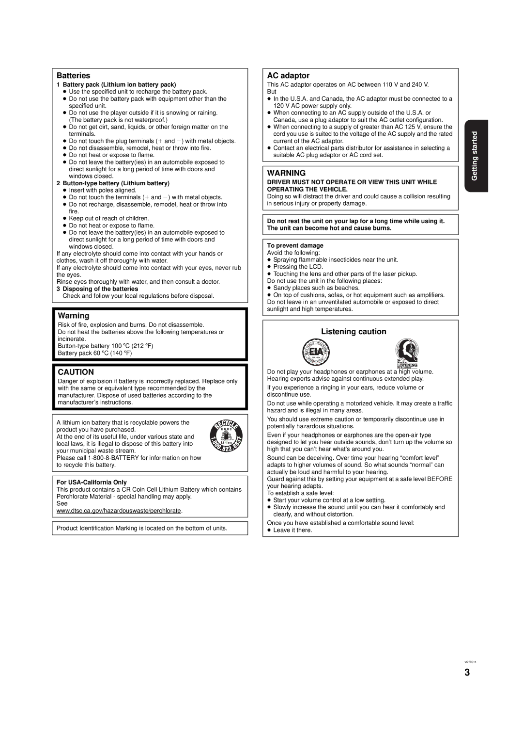 Panasonic DMP-B200 owner manual Batteries, AC adaptor, Listening caution 