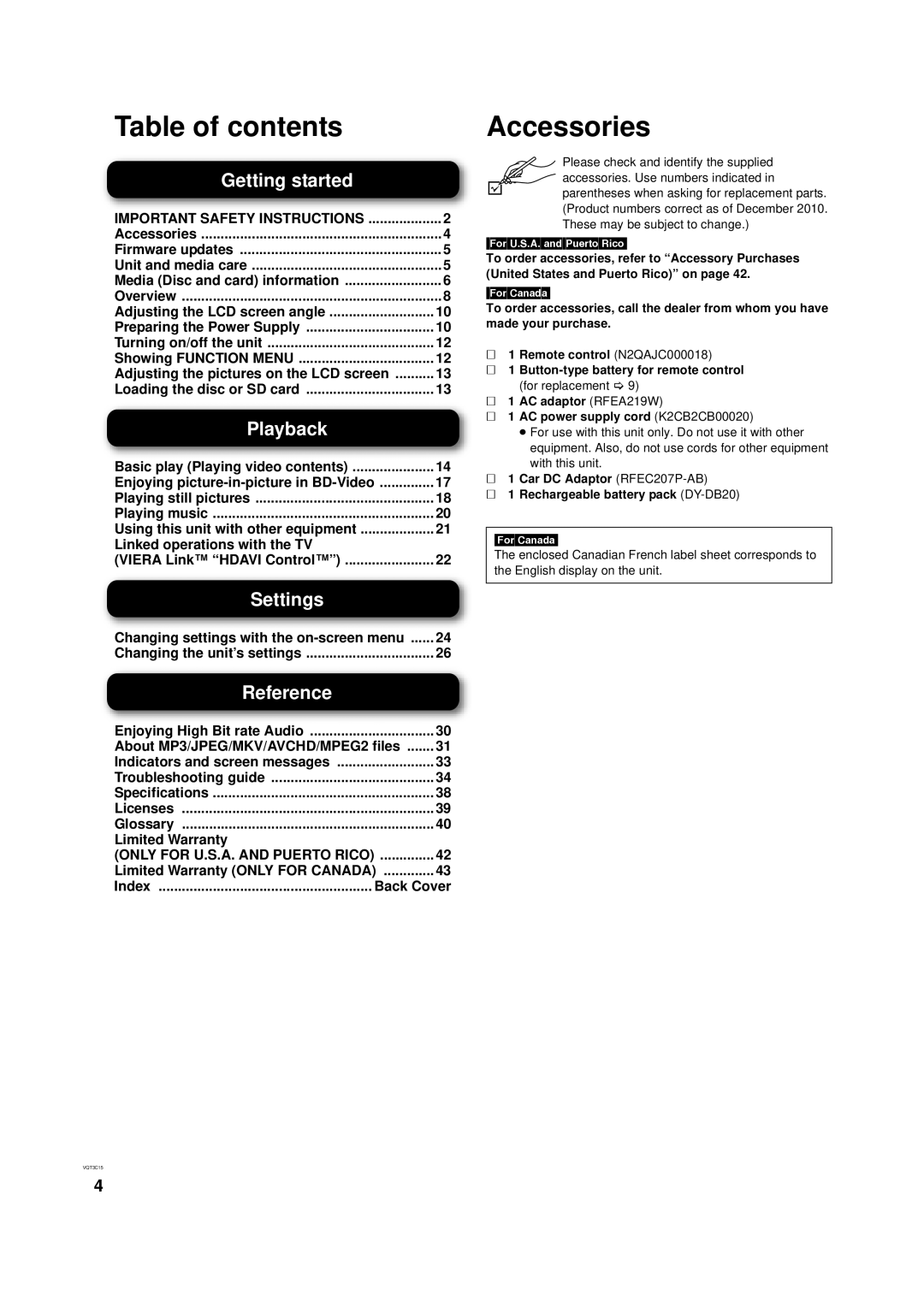 Panasonic DMP-B200 owner manual Table of contents, Accessories 