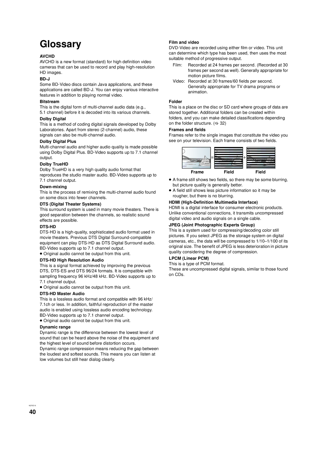 Panasonic DMP-B200 owner manual Glossary, Avchd, Bd-J, Dts-Hd 