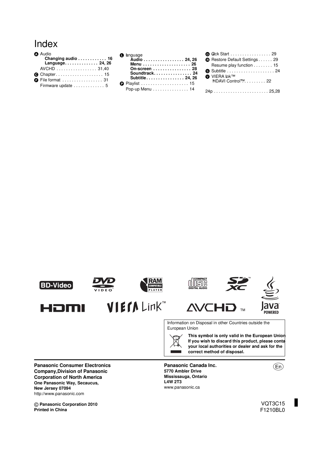 Panasonic DMP-B200 Index, Audio Language Quick Start Changing audio, Language Menu Resume play function, Ambler Drive 