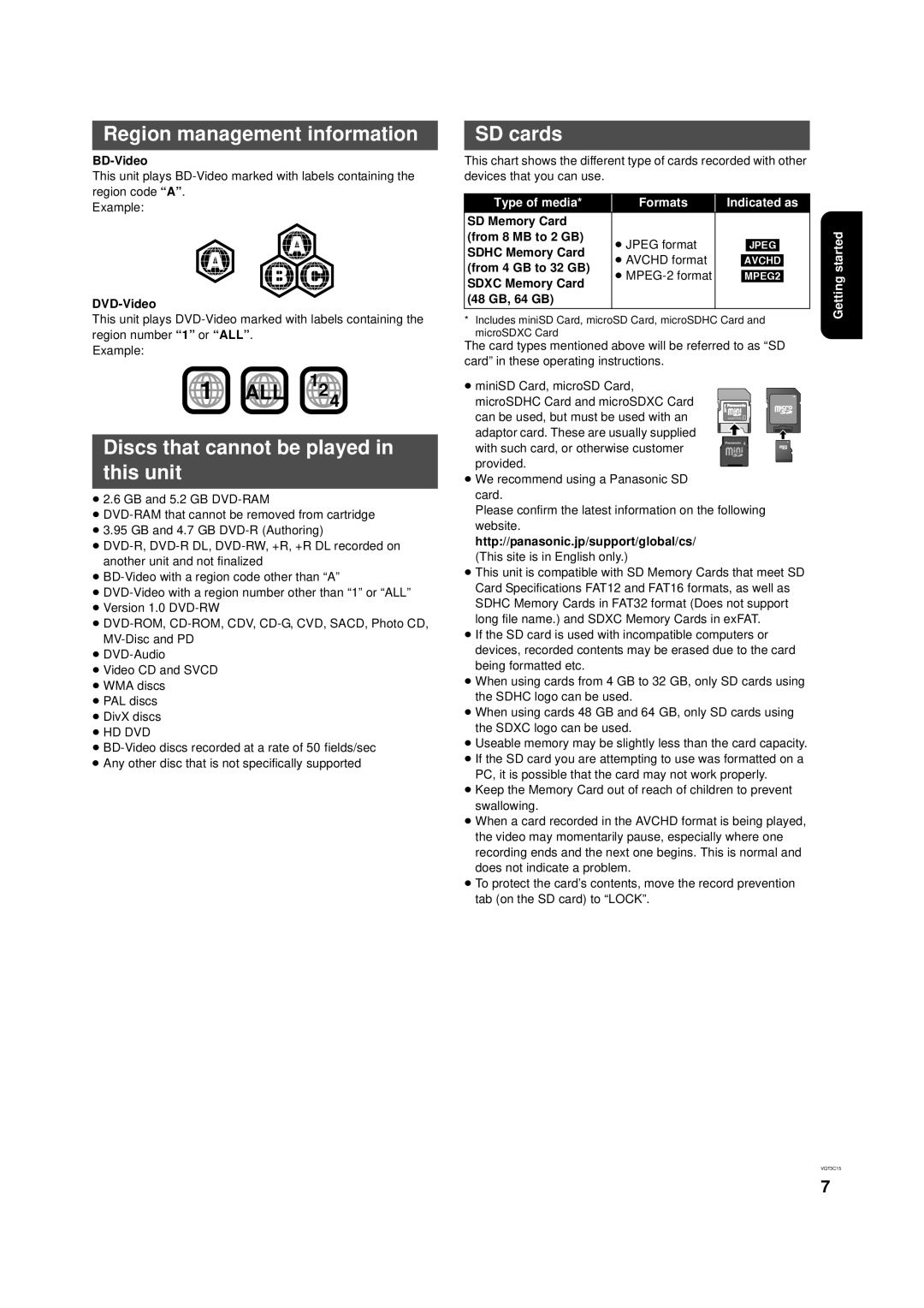 Panasonic DMP-B200 owner manual Region management information, Discs that cannot be played in this unit, SD cards 