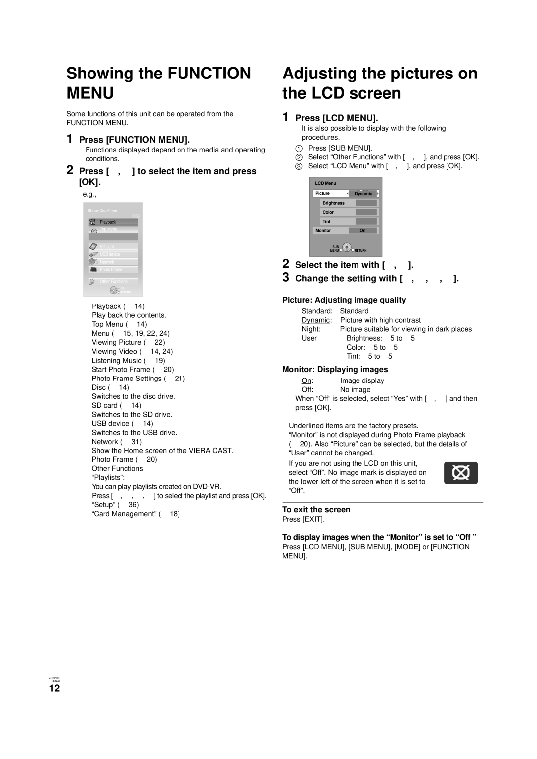 Panasonic DMP-B500 operating instructions Showing the Function Menu, Adjusting the pictures on the LCD screen 