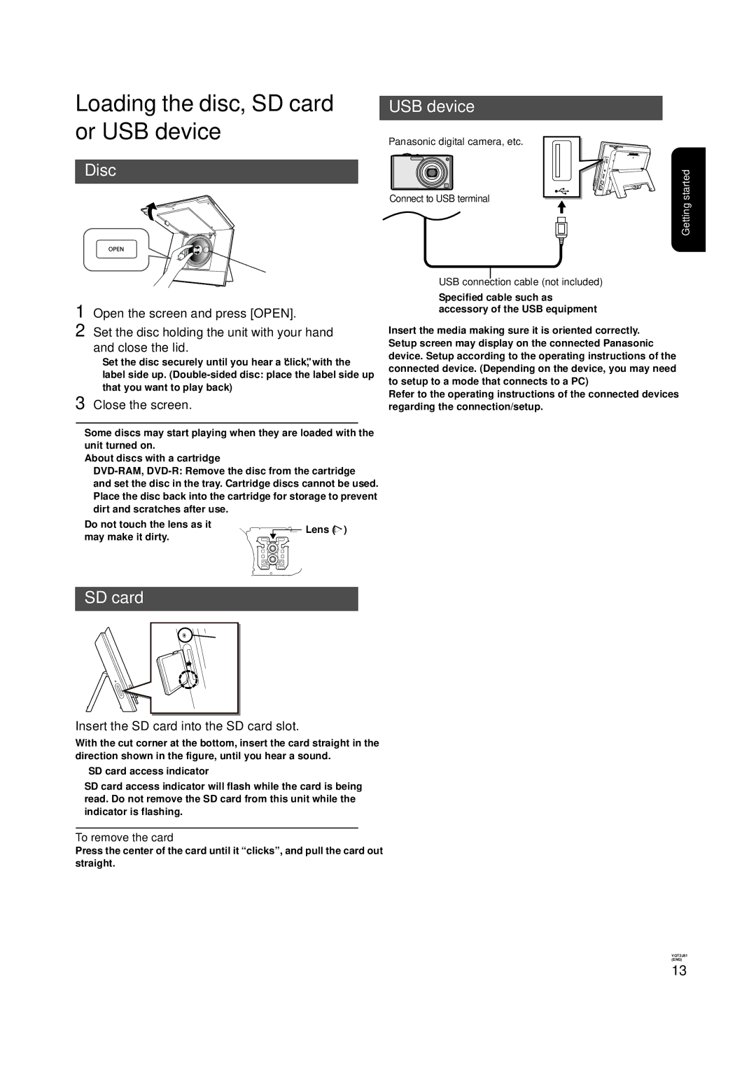 Panasonic DMP-B500 operating instructions Loading the disc, SD card or USB device, Disc 