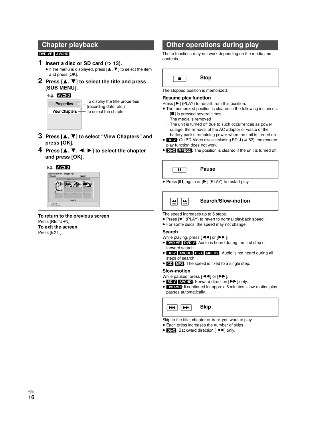 Panasonic DMP-B500 operating instructions Chapter playback, Other operations during play 