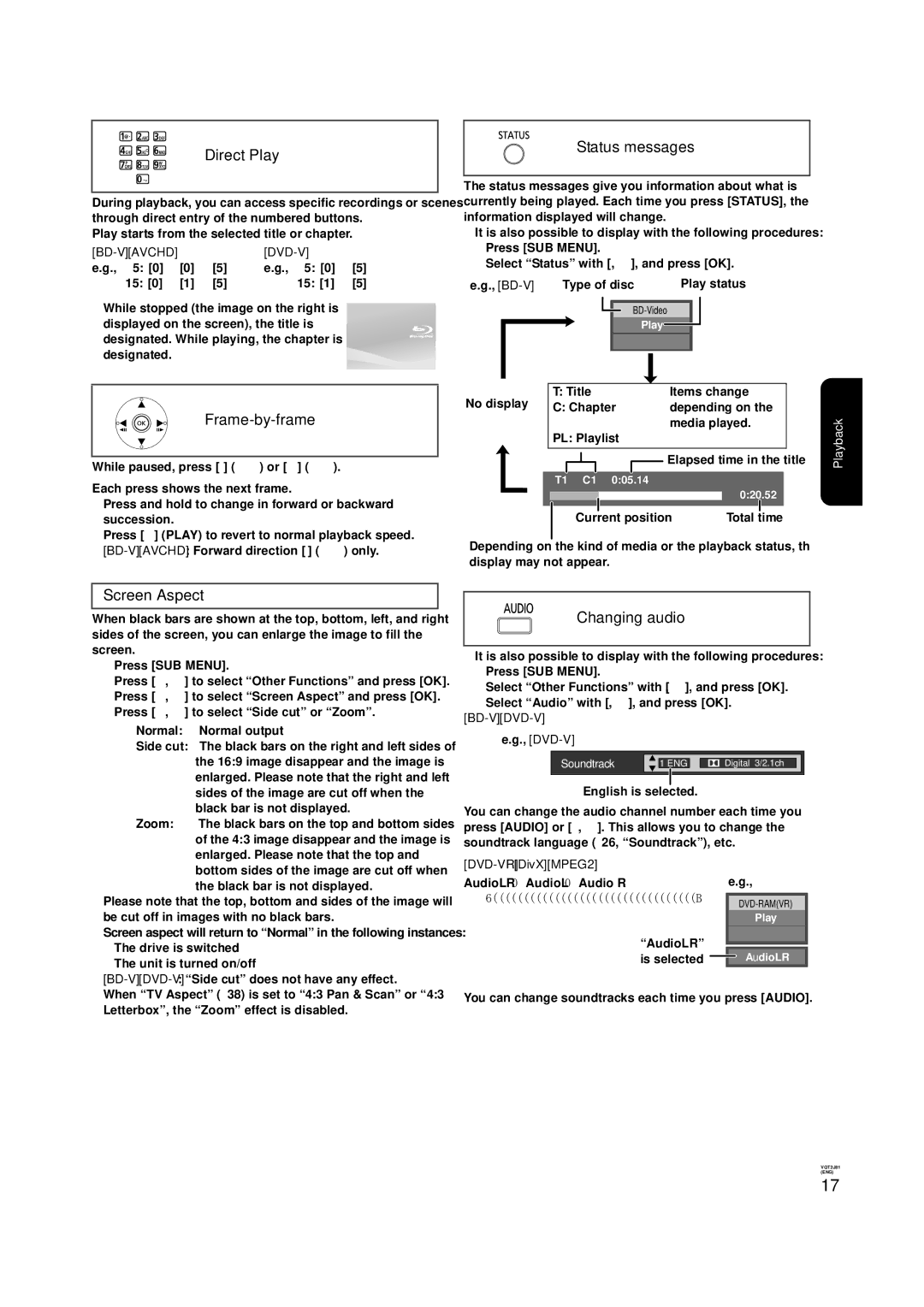 Panasonic DMP-B500 operating instructions Direct Play, Status messages, Frame-by-frame, Screen Aspect, Changing audio 