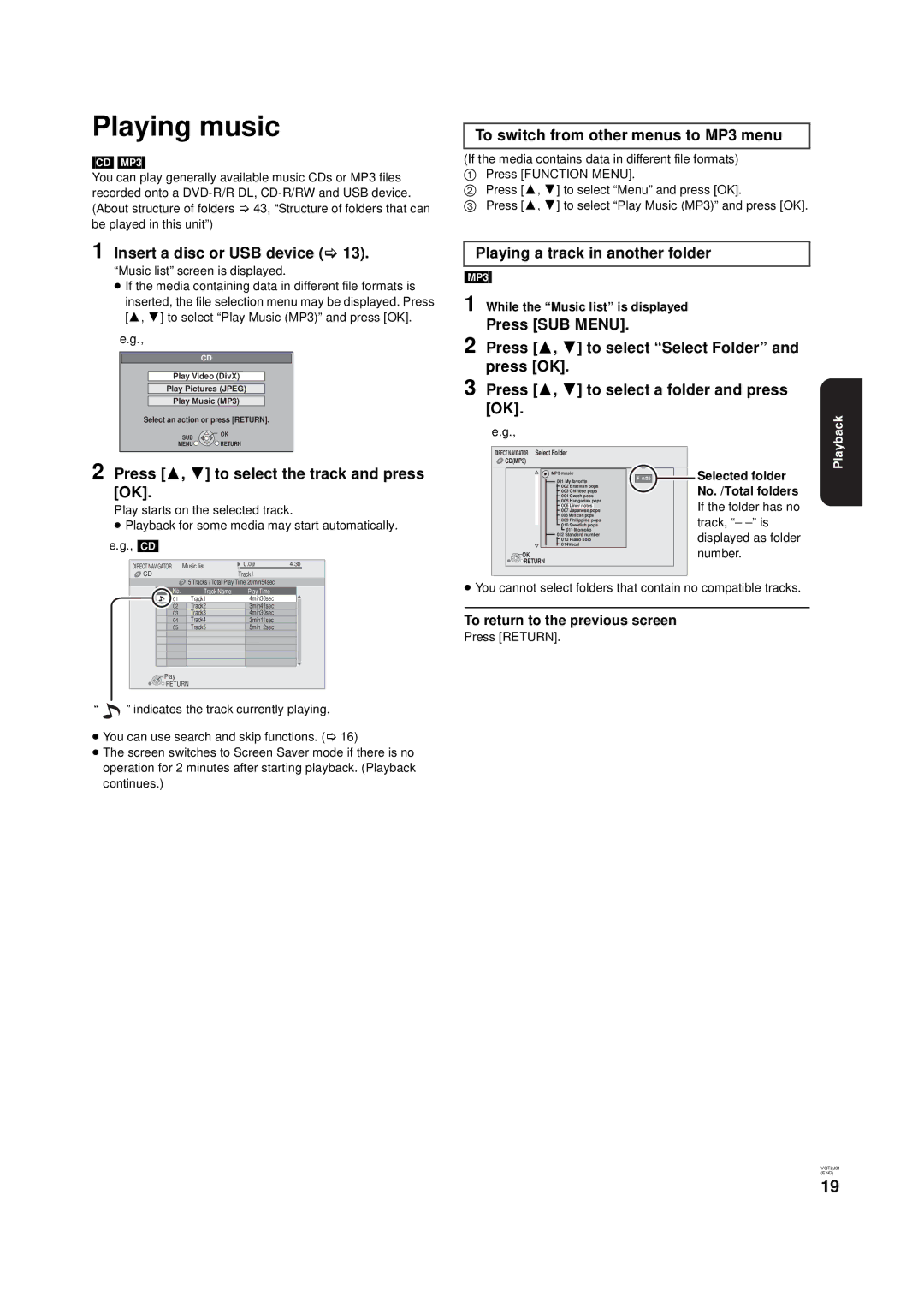 Panasonic DMP-B500 Playing music, Insert a disc or USB device, Press 3, 4 to select the track and press OK 