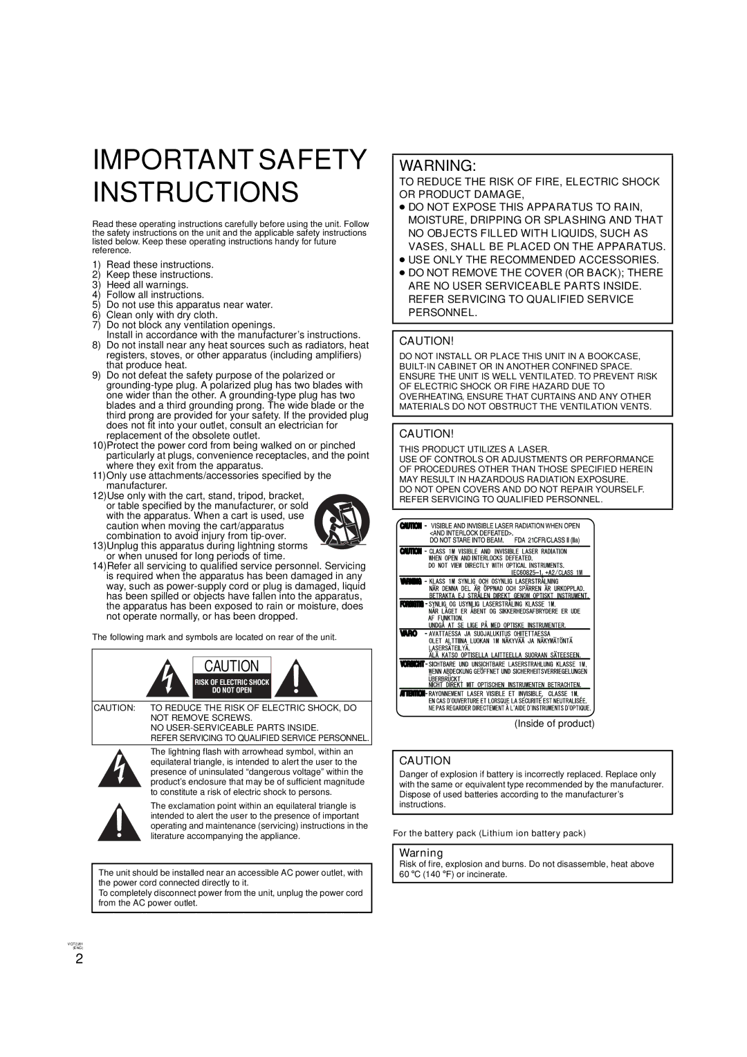 Panasonic DMP-B500 operating instructions Important Safety Instructions, Inside of product 