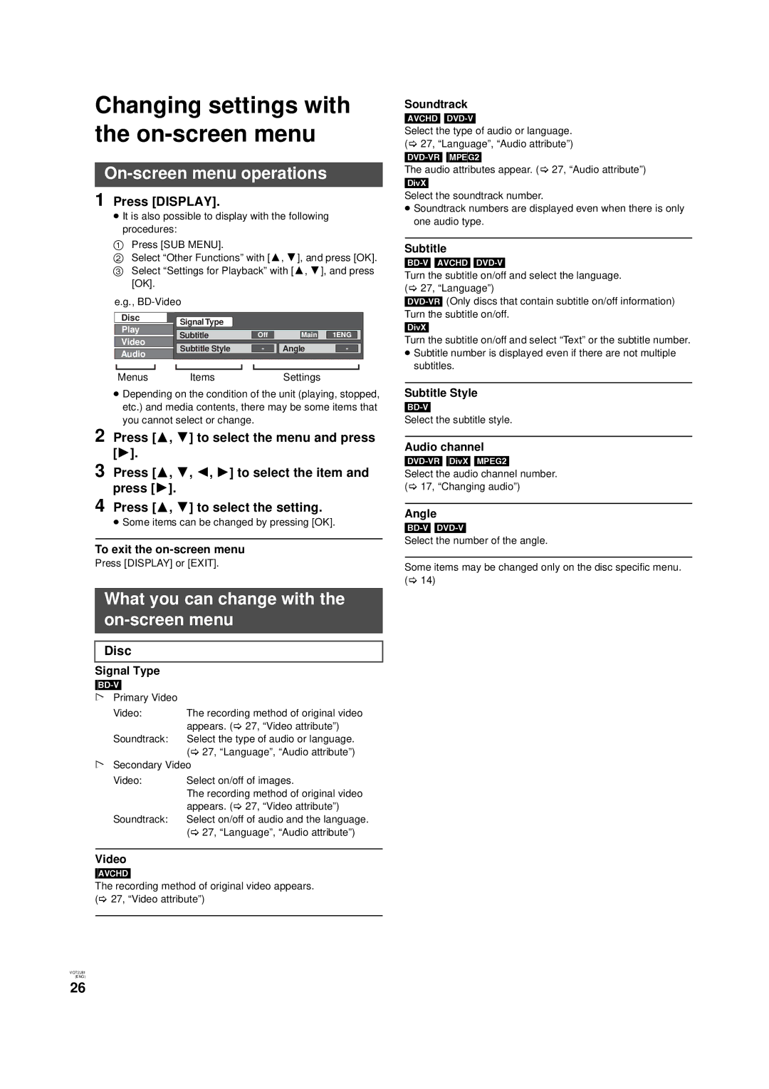 Panasonic DMP-B500 Changing settings with the on-screen menu, On-screen menu operations, Press Display, Disc 