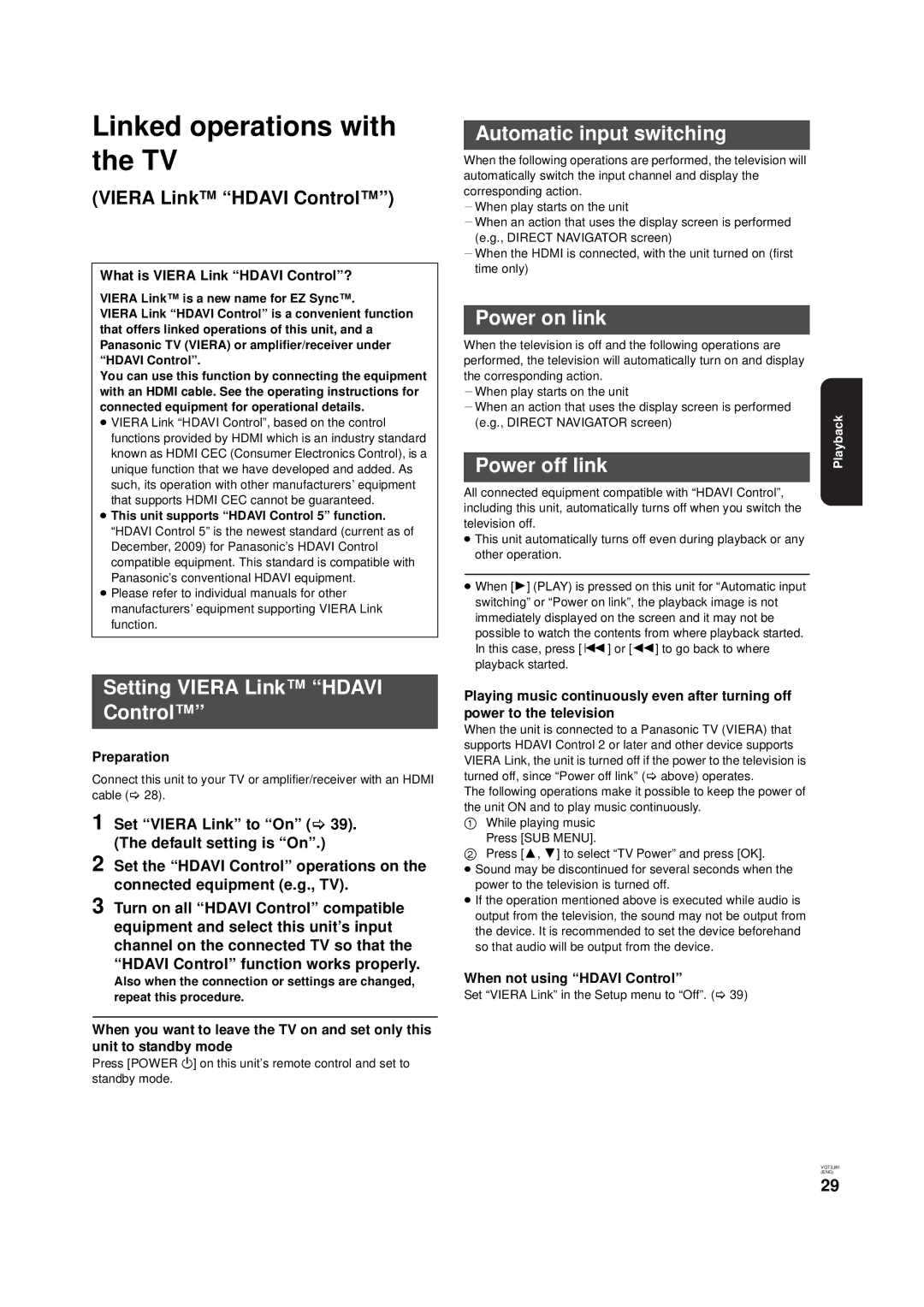 Panasonic DMP-B500 Linked operations with the TV, Setting Viera Link Hdavi Control, Automatic input switching 