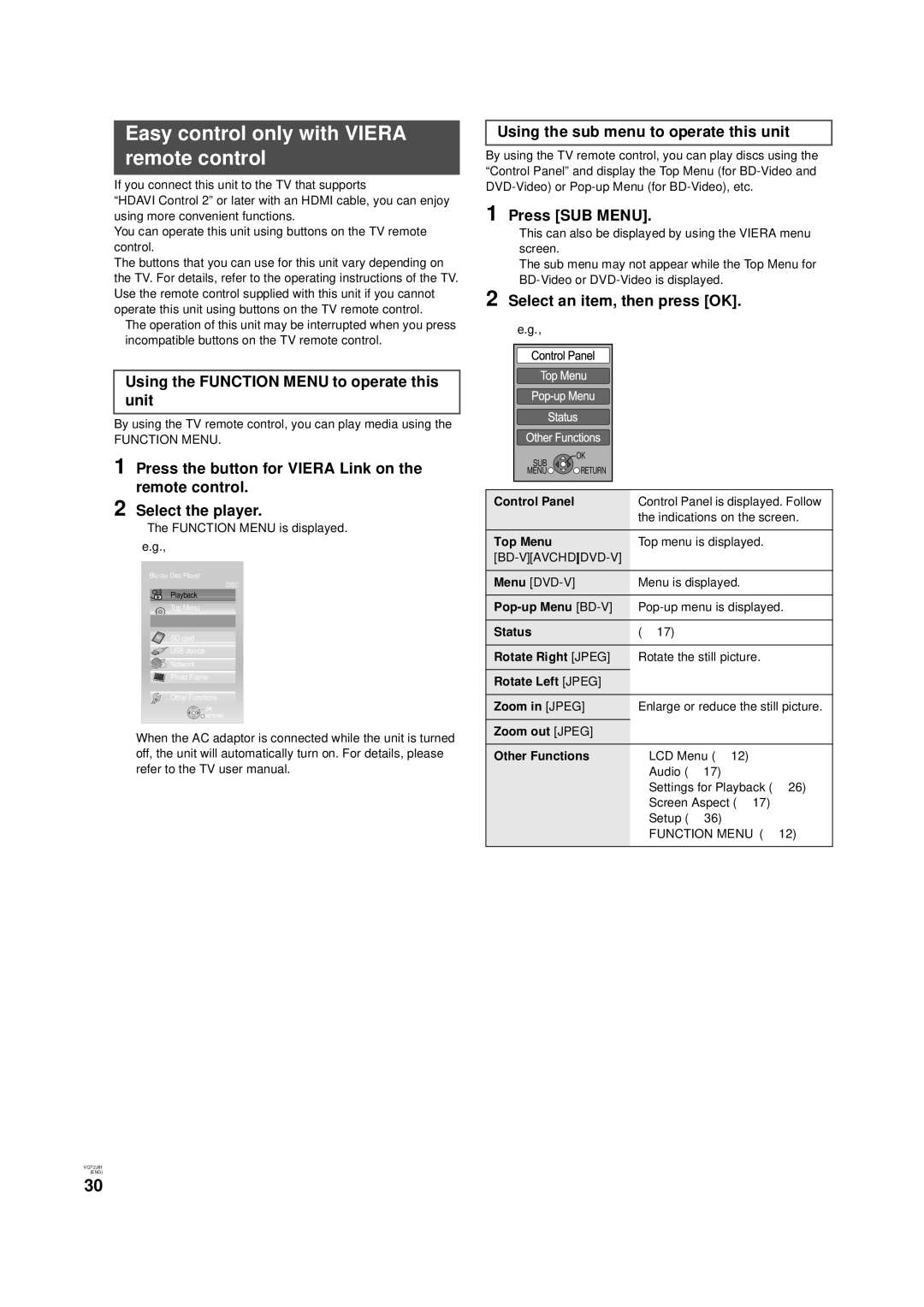 Panasonic DMP-B500 Easy control only with Viera remote control, Using the Function Menu to operate this unit 