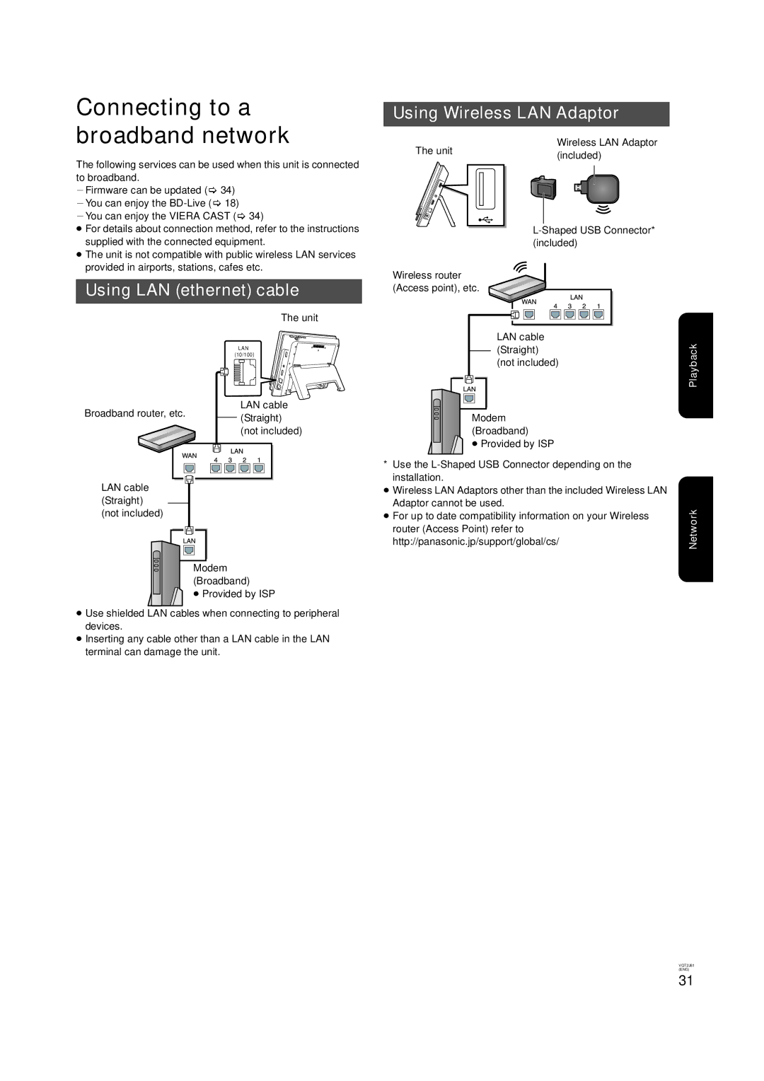 Panasonic DMP-B500 Connecting to a broadband network, Using LAN ethernet cable, Using Wireless LAN Adaptor 