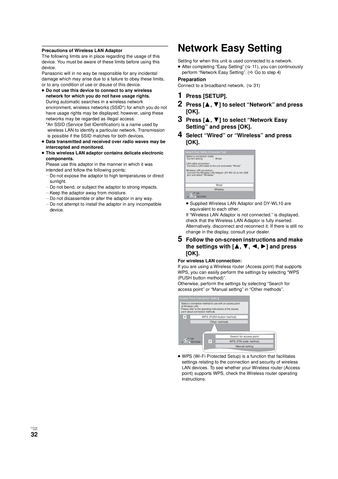 Panasonic DMP-B500 Network Easy Setting, Precautions of Wireless LAN Adaptor, Connect to a broadband network 